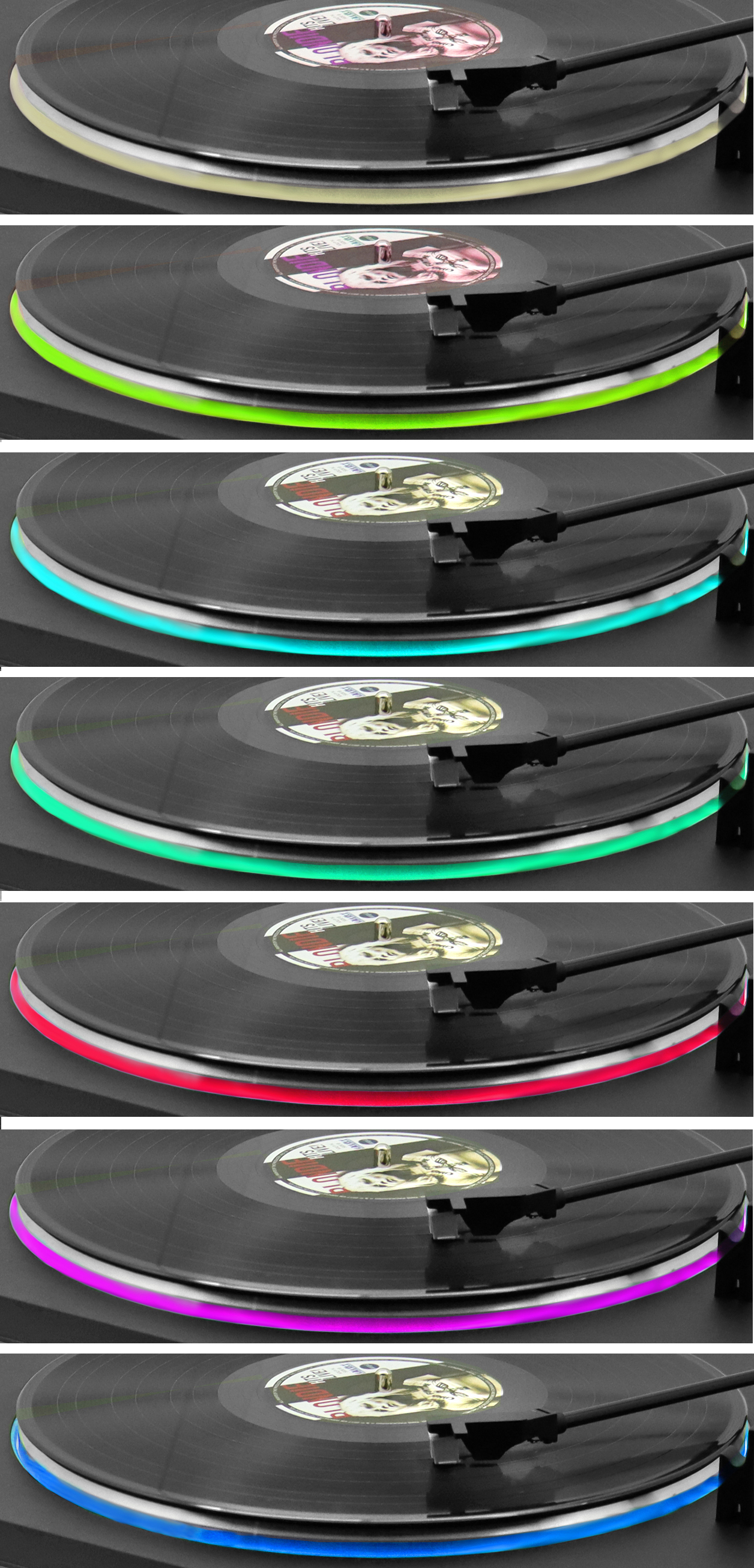 Gros plan sur une platine vinyle avec un disque. Le bord du disque est illuminé de différentes couleurs. Le bras de lecture est visible.
