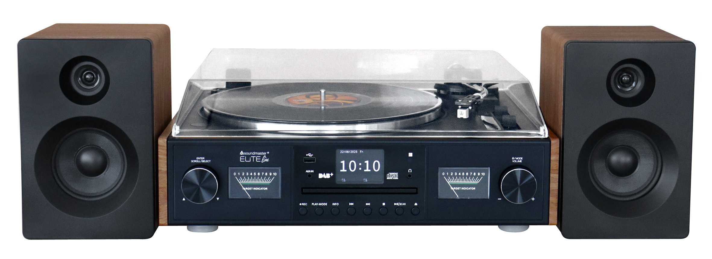 Un sistema stereo con altoparlanti, un giradischi e un display digitale con ora e data.