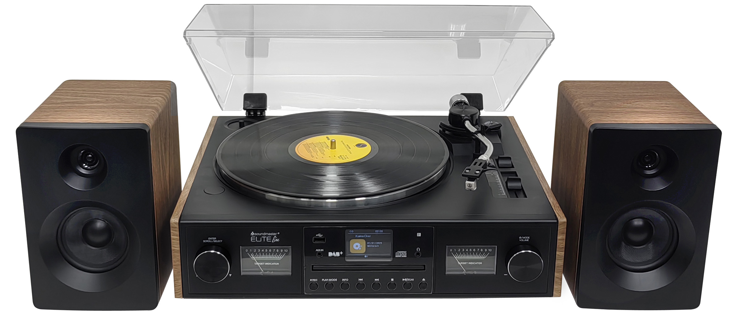 Un impianto stereo con giradischi, due altoparlanti e una copertura trasparente. Il giradischi ha un disco.