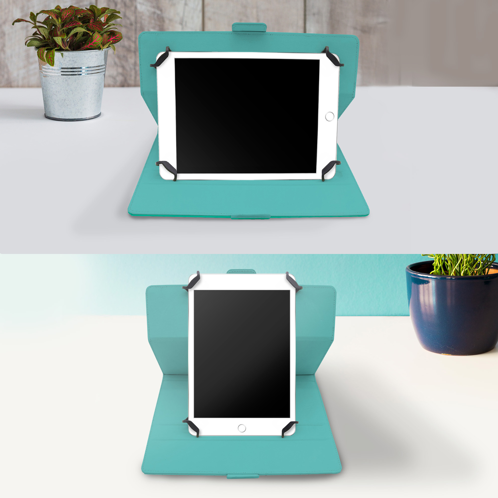 Una tableta en una funda verde azulada está abierta. Una planta en maceta metálica está al lado.