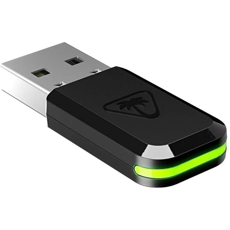 Un dongle USB negro con una luz verde en la parte inferior. El dongle tiene un conector USB plateado y un logotipo de palmera.