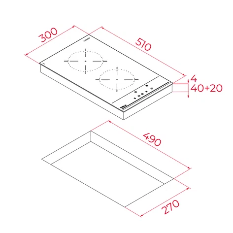 Diagrama de una placa de cocina con dos quemadores y dimensiones en rojo. Se muestra un recorte para la instalación debajo.