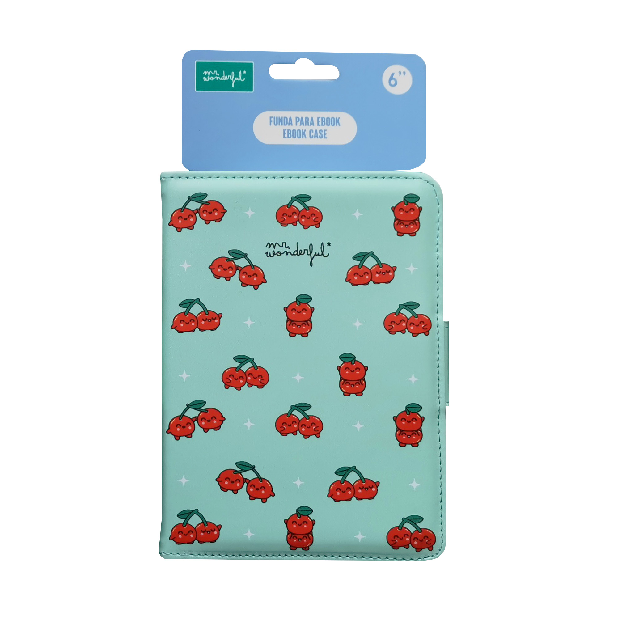 Una funda para ebook con estampado de cerezas. La funda es verde azulado y tiene una cartulina azul claro con texto.