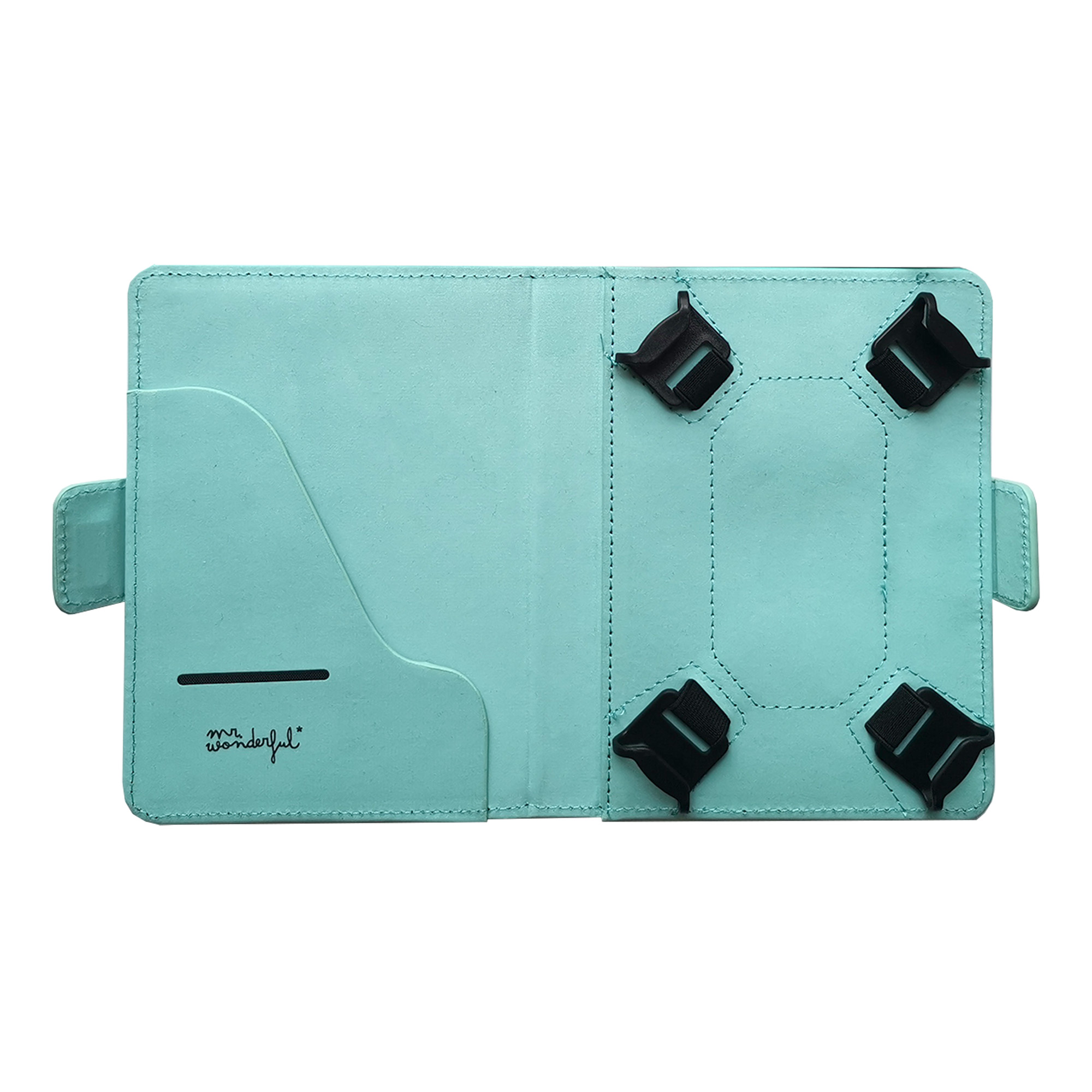 Funda de tableta turquesa abierta con correas negras y un bolsillo. En el bolsillo pone 'mr. wonderful'.