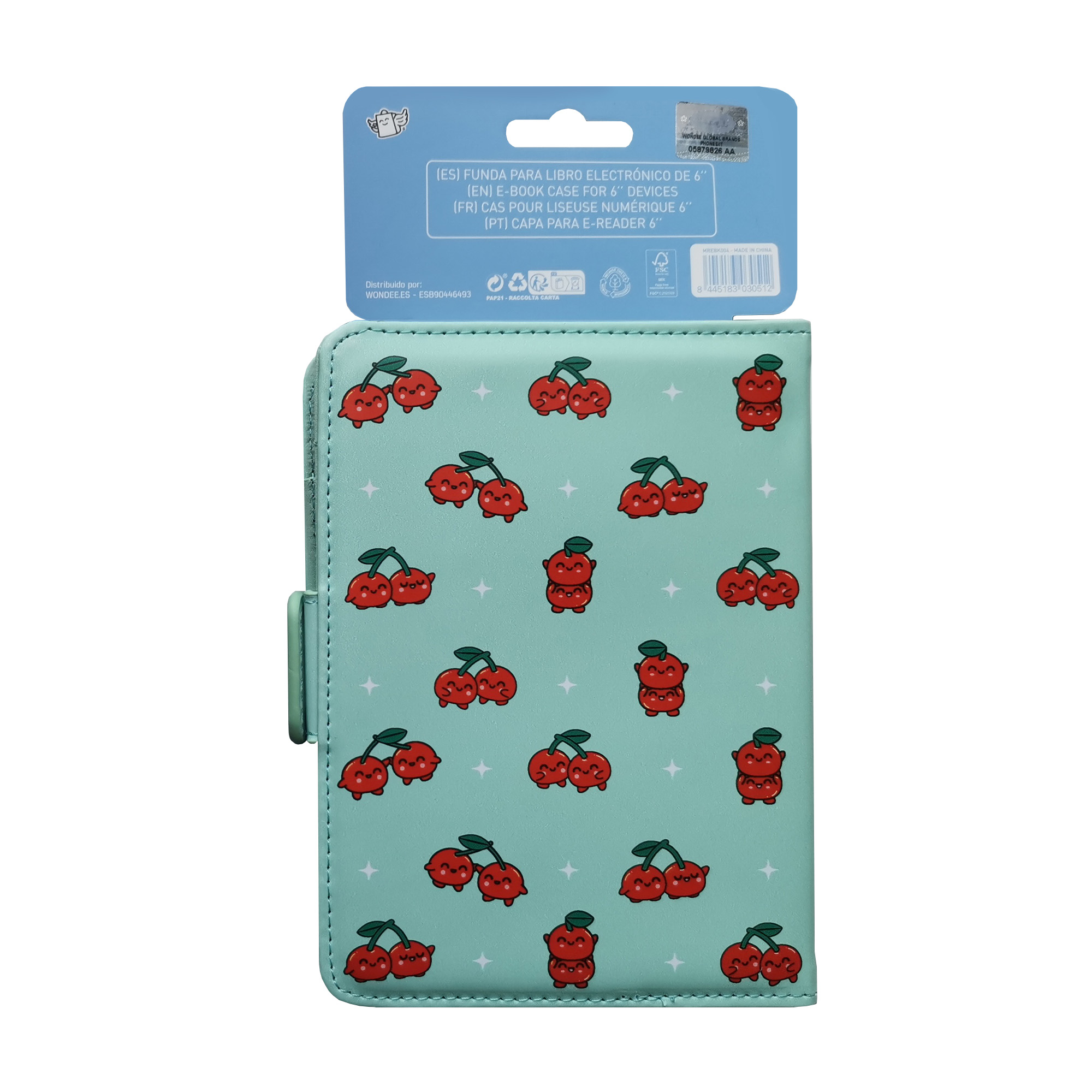 Una funda para libros electrónicos con estampado de cerezas. Fondo azul con cerezas rojas y hojas verdes, y estrellas blancas.