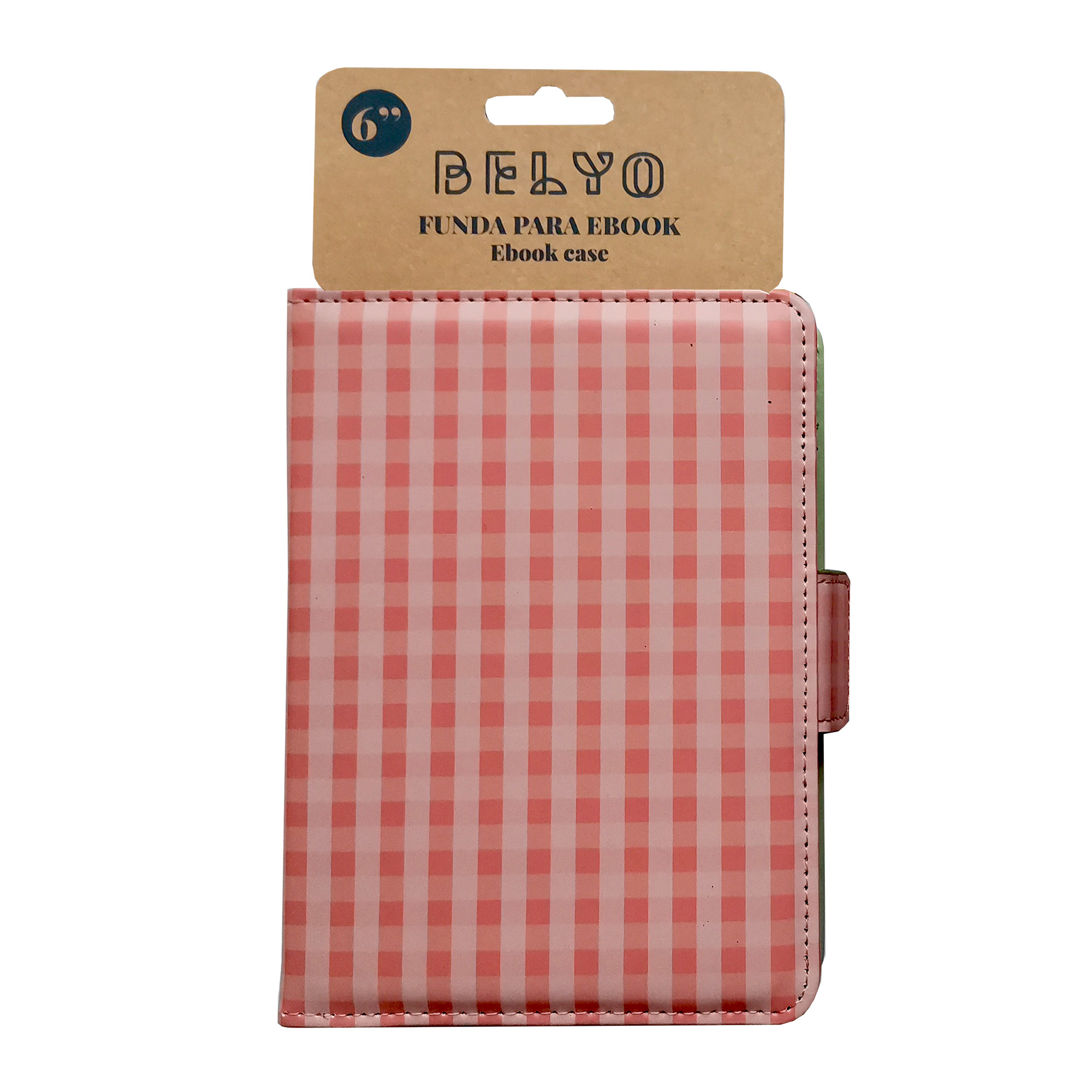 Funda para ebook a cuadros rosa y blanco con una etiqueta marrón arriba. La etiqueta dice 'BELYO' y 'FUNDA PARA EBOOK'.