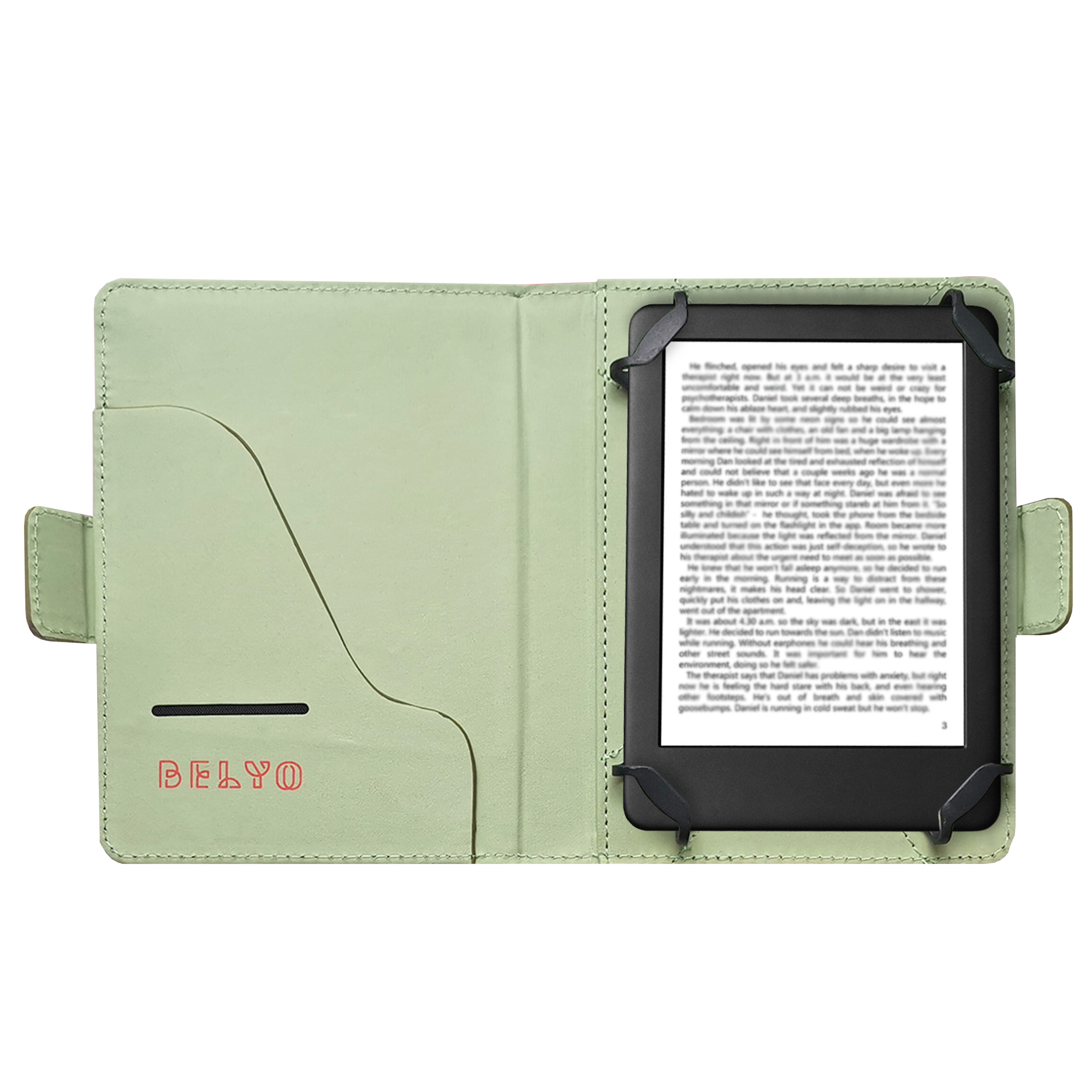 Un lector de libros electrónicos en un estuche verde claro está abierto, mostrando texto. El estuche tiene un bolsillo y la marca 'BELYO'.