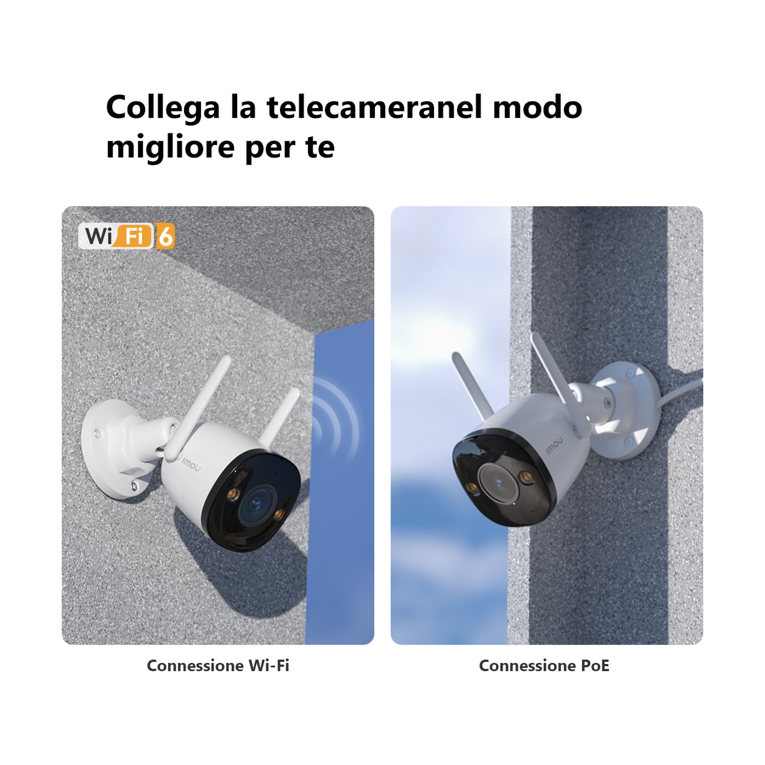 L'immagine mostra due telecamere di sicurezza bianche, una con l'etichetta Wi-Fi 6, montate su pareti strutturate.