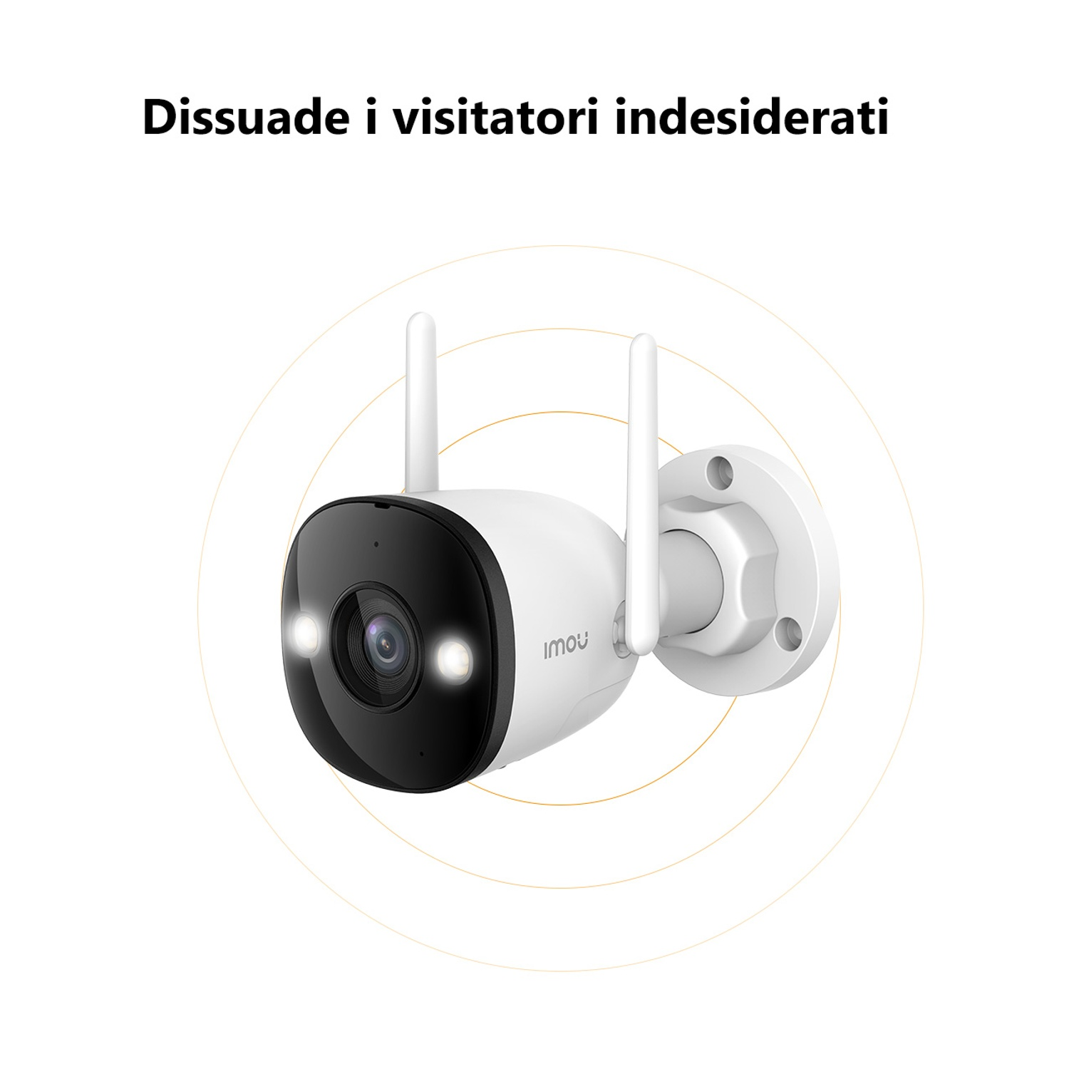 Una telecamera di sicurezza bianca con due antenne. Ha un obiettivo nero e due luci. Lo sfondo è bianco con cerchi arancioni.