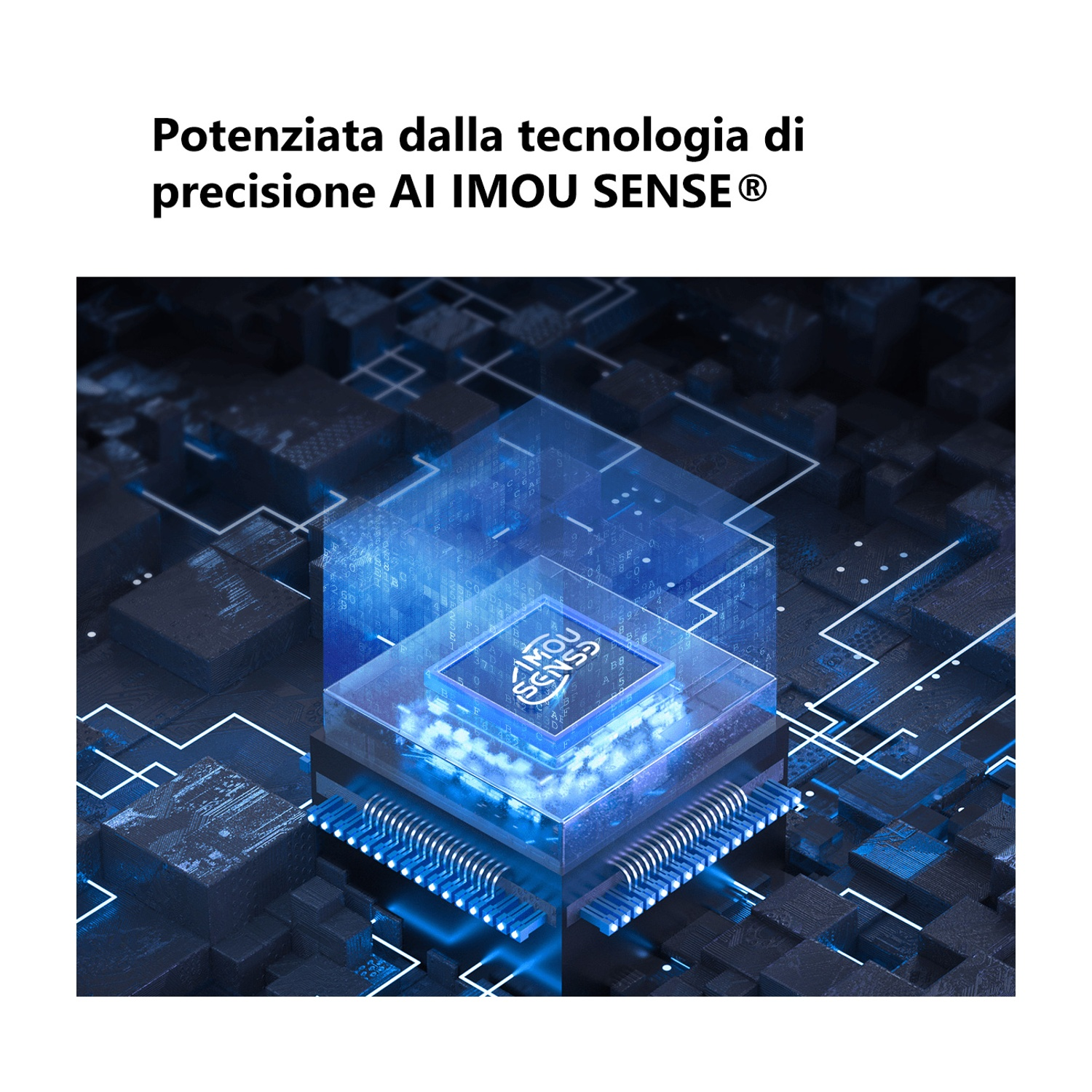 Immagine astratta che mostra un circuito stampato blu e trasparente con la scritta 'IMOU SENSE'. Cubi sullo sfondo.