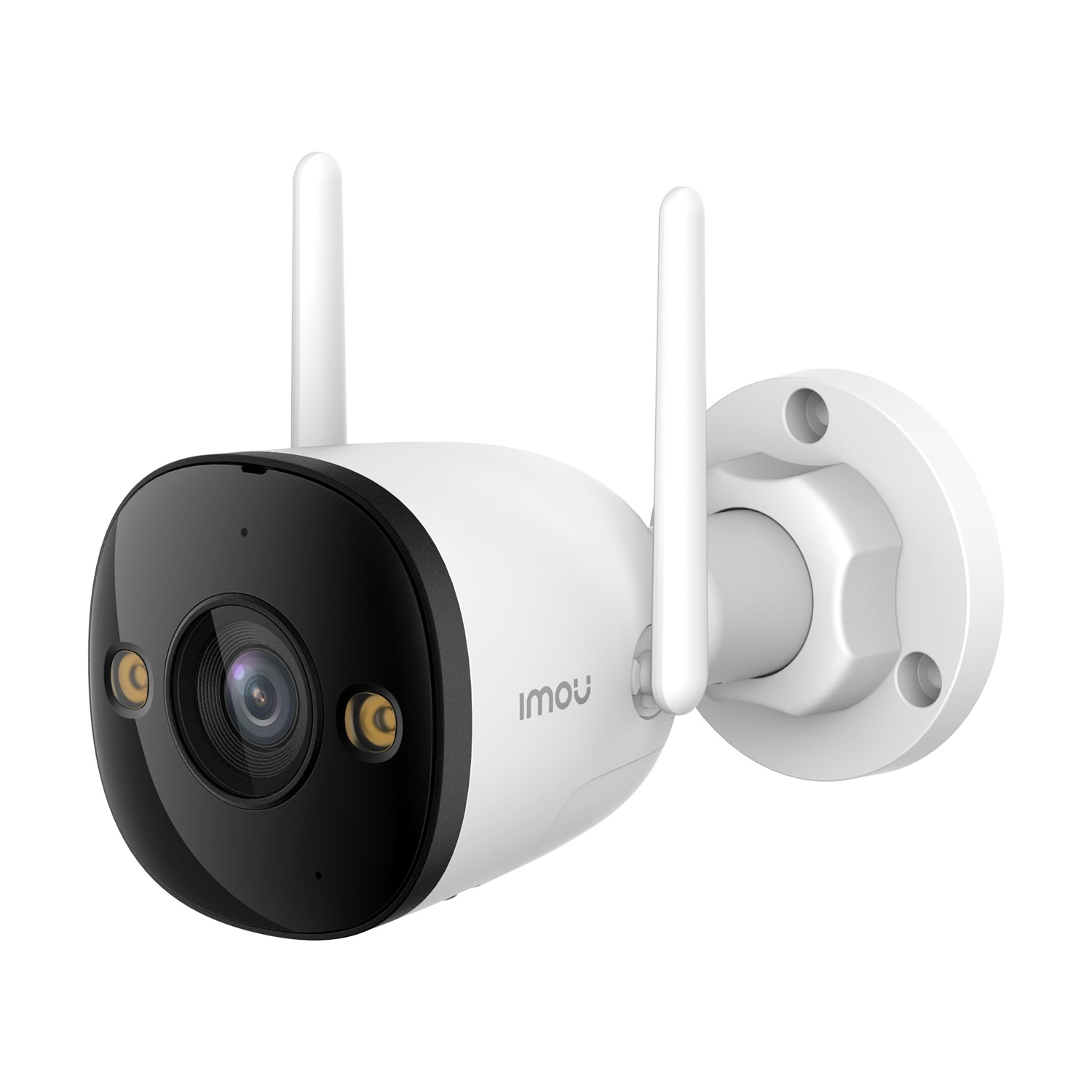 Una telecamera di sicurezza Imou bianca e nera con due antenne, montata su una base circolare bianca con quattro fori.