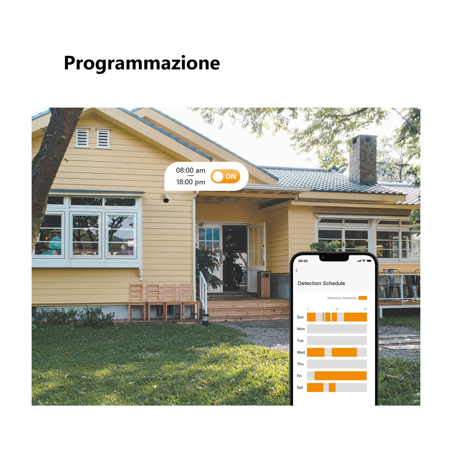 Una casa gialla con veranda ed erba. Un telefono mostra un programma di rilevamento. Il testo 'Programmazione' è in alto.