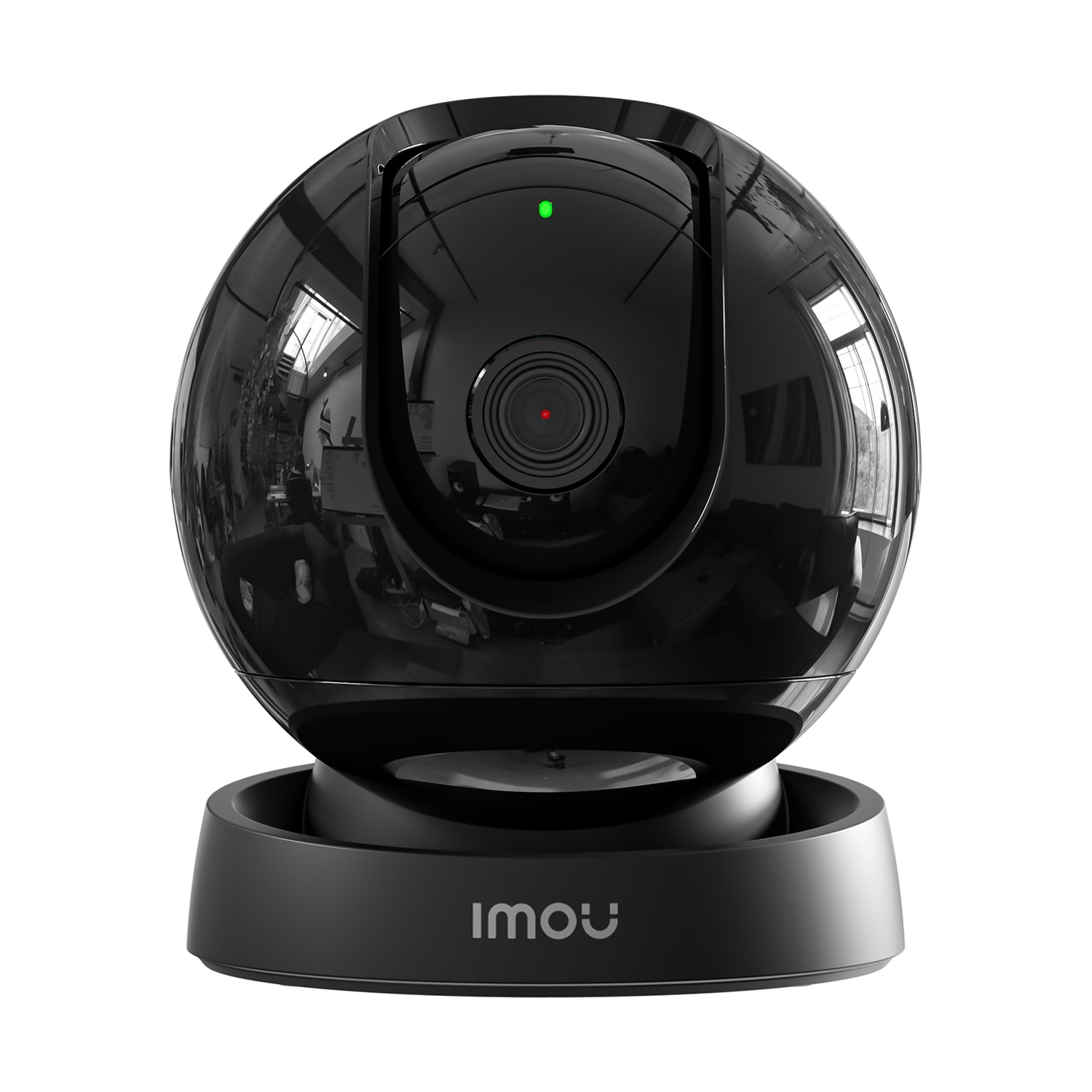 Una telecamera di sicurezza Imou nera con finitura lucida. Si trova su una base. Una luce verde e rossa sono visibili sulla telecamera.