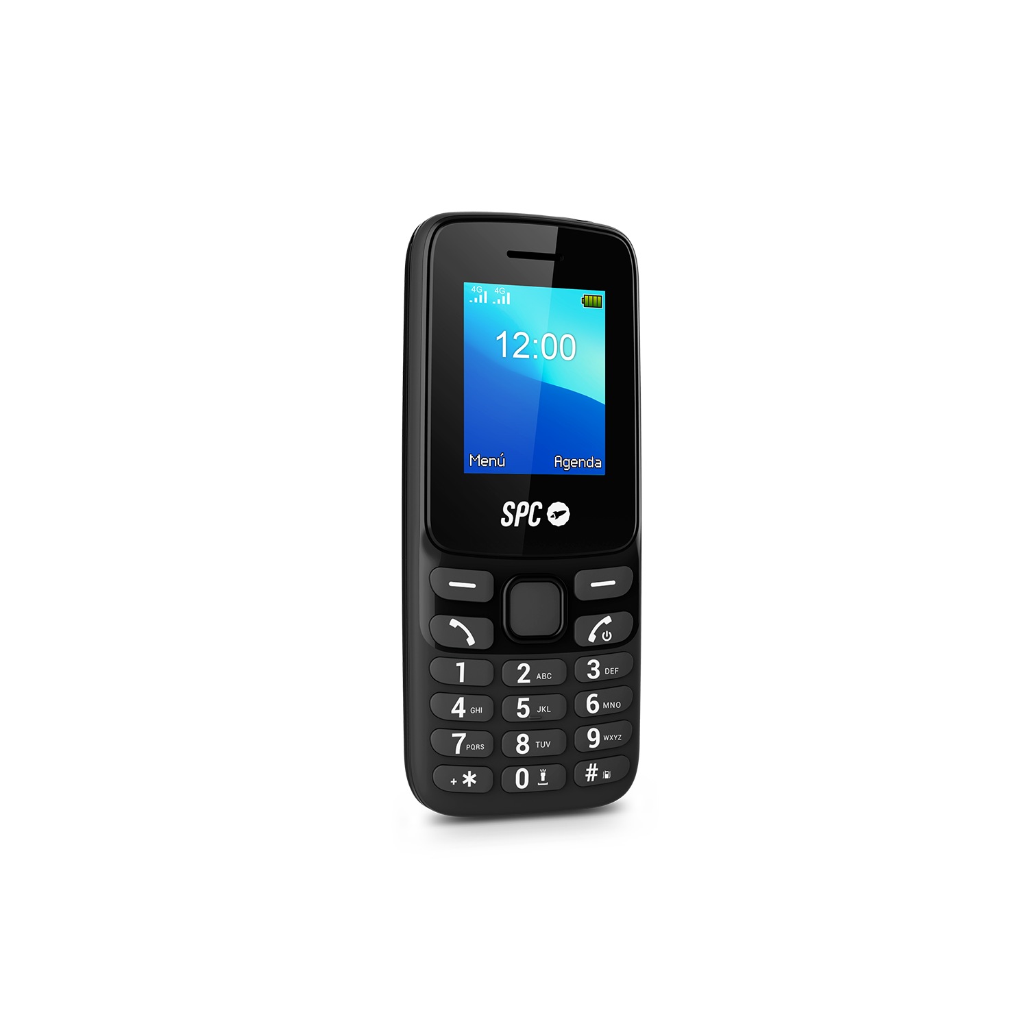 Se muestra un teléfono móvil SPC negro. La pantalla muestra la hora como 12:00. Debajo de la pantalla hay botones y un teclado.