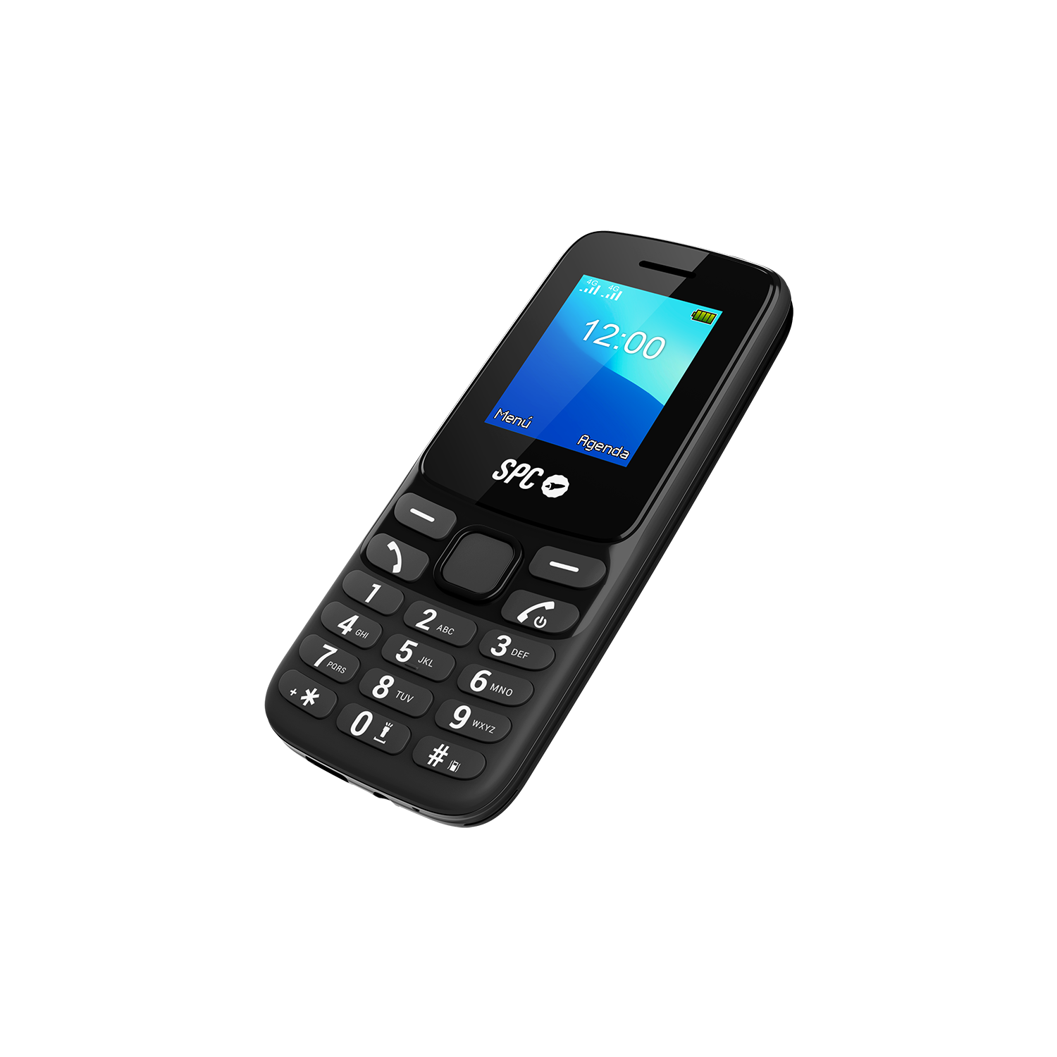 Un teléfono móvil negro con pantalla azul que muestra la hora. Tiene un teclado con números y teclas de función.