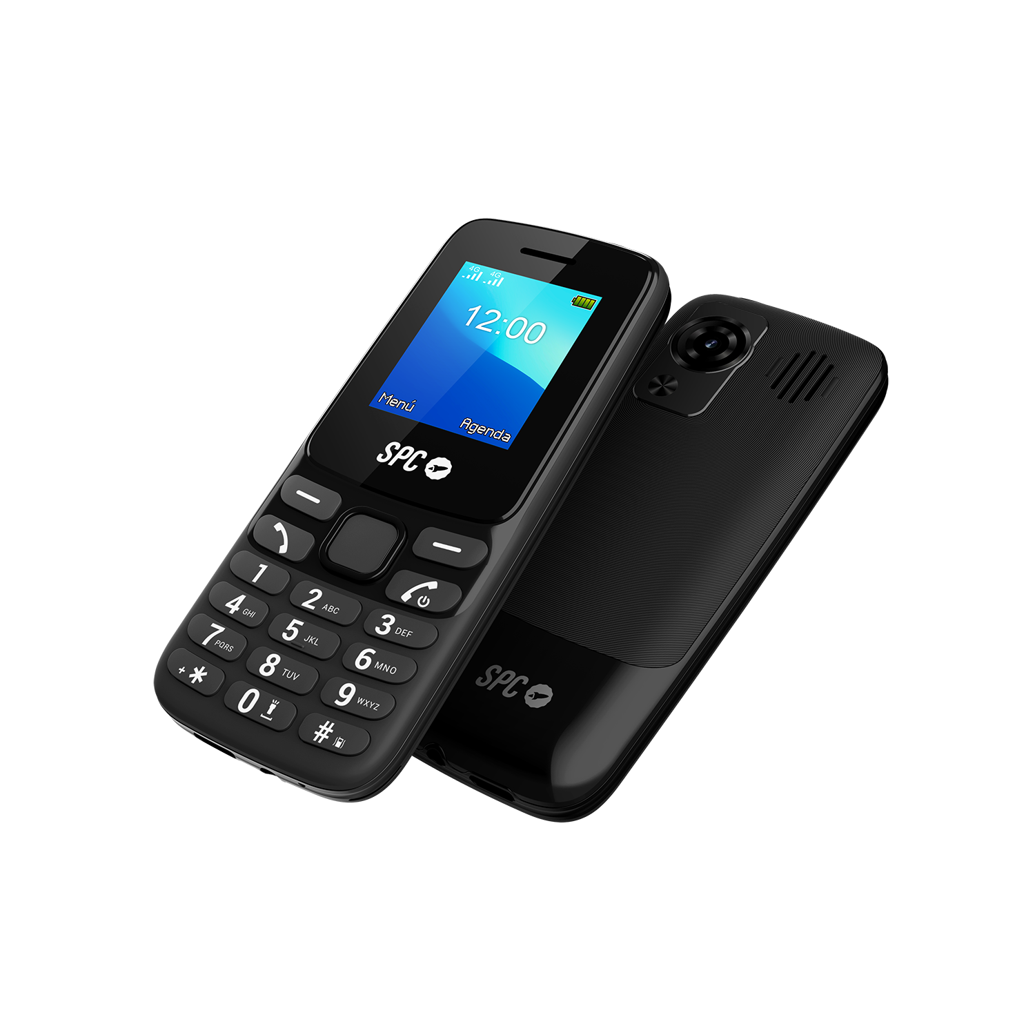 Dos teléfonos SPC negros. Uno muestra una pantalla con hora y opciones de menú. El otro muestra detalles de la cámara y el altavoz. Ambos sobre fondo blanco.