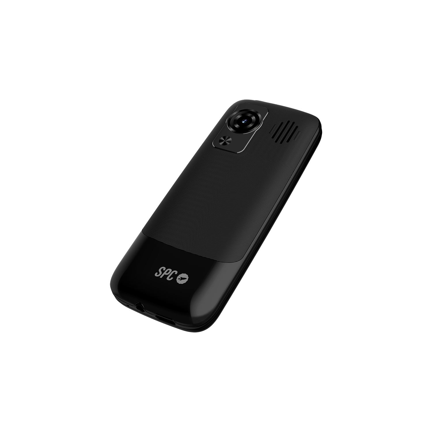 Se muestra un teléfono móvil SPC negro, ligeramente inclinado. Tiene cámara, altavoz y el logotipo de SPC. El fondo es blanco.