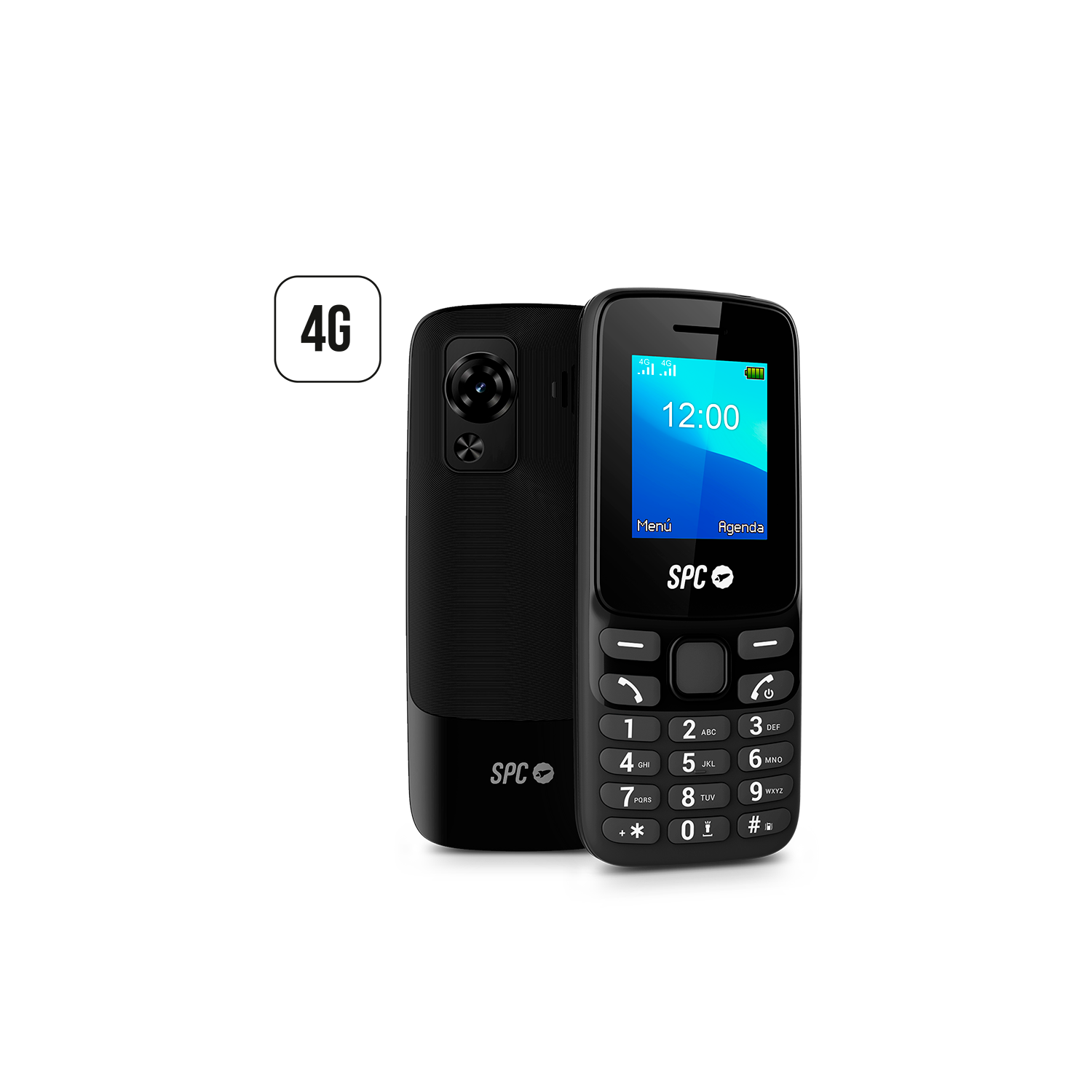 Un teléfono SPC negro muestra las 12:00 en la pantalla. El teléfono tiene una cámara y un teclado con números y teclas de función.