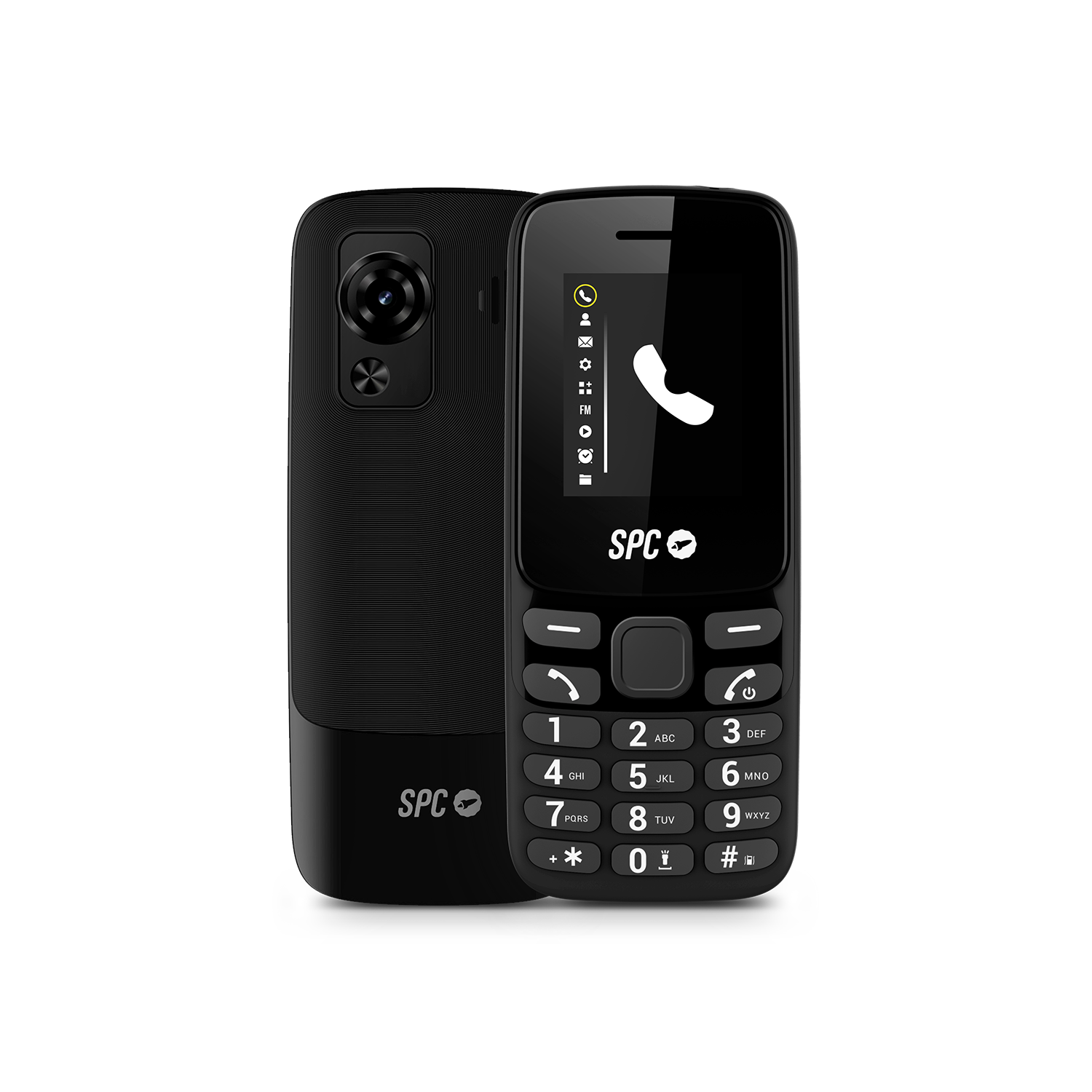 Teléfono SPC negro, con cámara y teclado. La pantalla muestra un icono de llamada. El teléfono está sobre fondo blanco.