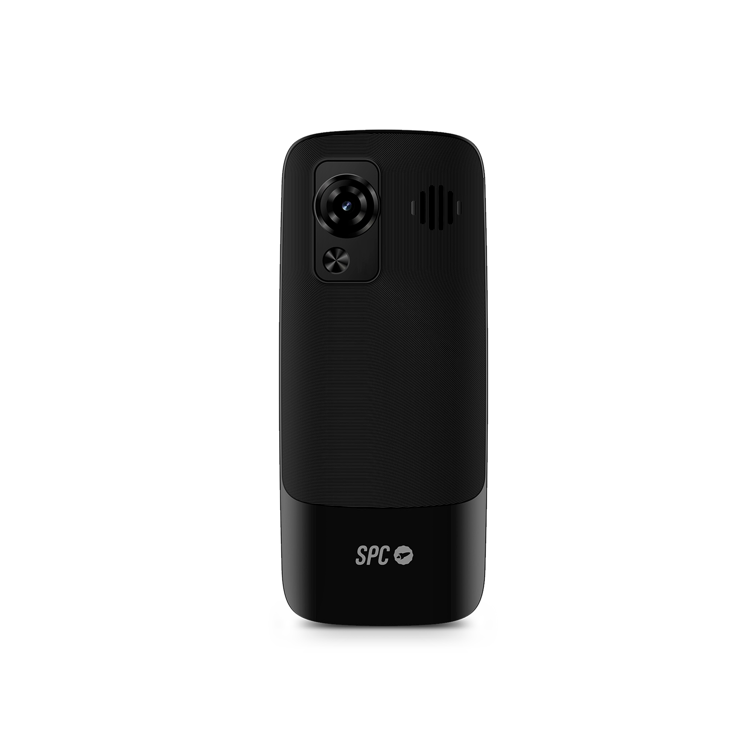 Teléfono móvil negro con cámara y altavoz. La parte inferior tiene el logotipo 'SPC'.