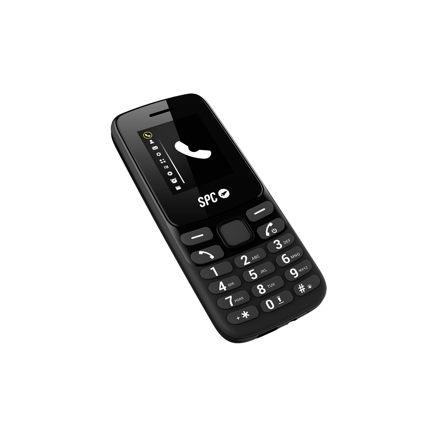 Un teléfono móvil negro con teclas blancas. La pantalla muestra un icono de teléfono. El teléfono tiene un logotipo SPC.