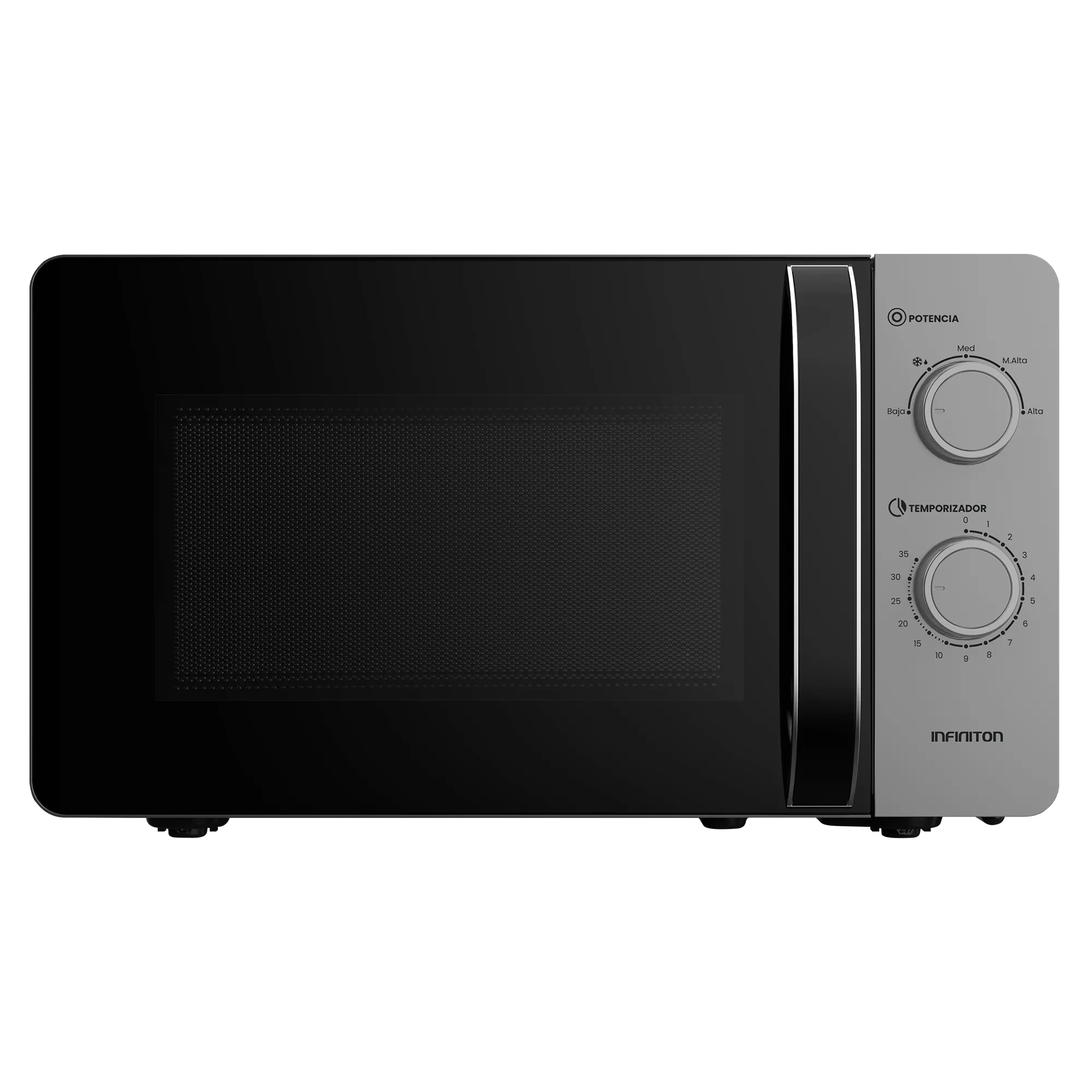 Un horno microondas con puerta y panel de control negros. Se ven perillas para la potencia y el temporizador.
