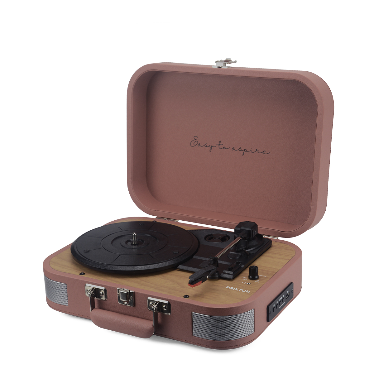 Un tocadiscos de estilo vintage, estuche marrón abierto, disco negro en su lugar. Panel de madera con altavoces, controles. La tapa dice 'Easy to aspire'.
