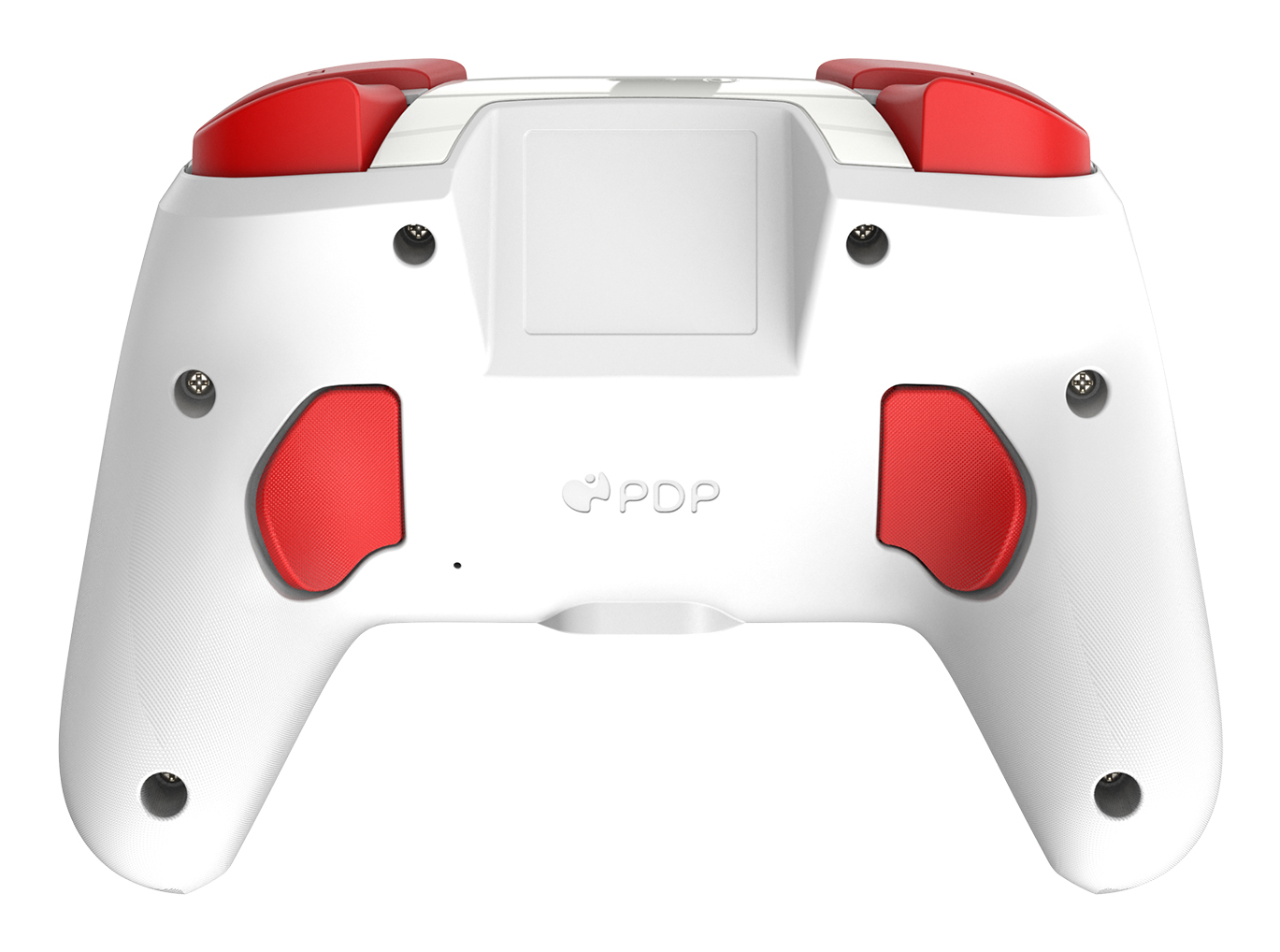 Controlador de juego blanco con botones rojos. Gatillos y botones rojos en cuerpo blanco. Logotipo PDP visible.