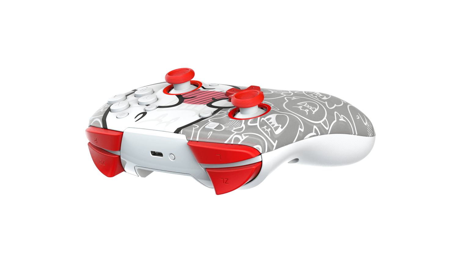 Un mando blanco, gris y rojo. Tiene dos joysticks rojos, gatillos rojos y botones blancos. Está decorado con patrones.