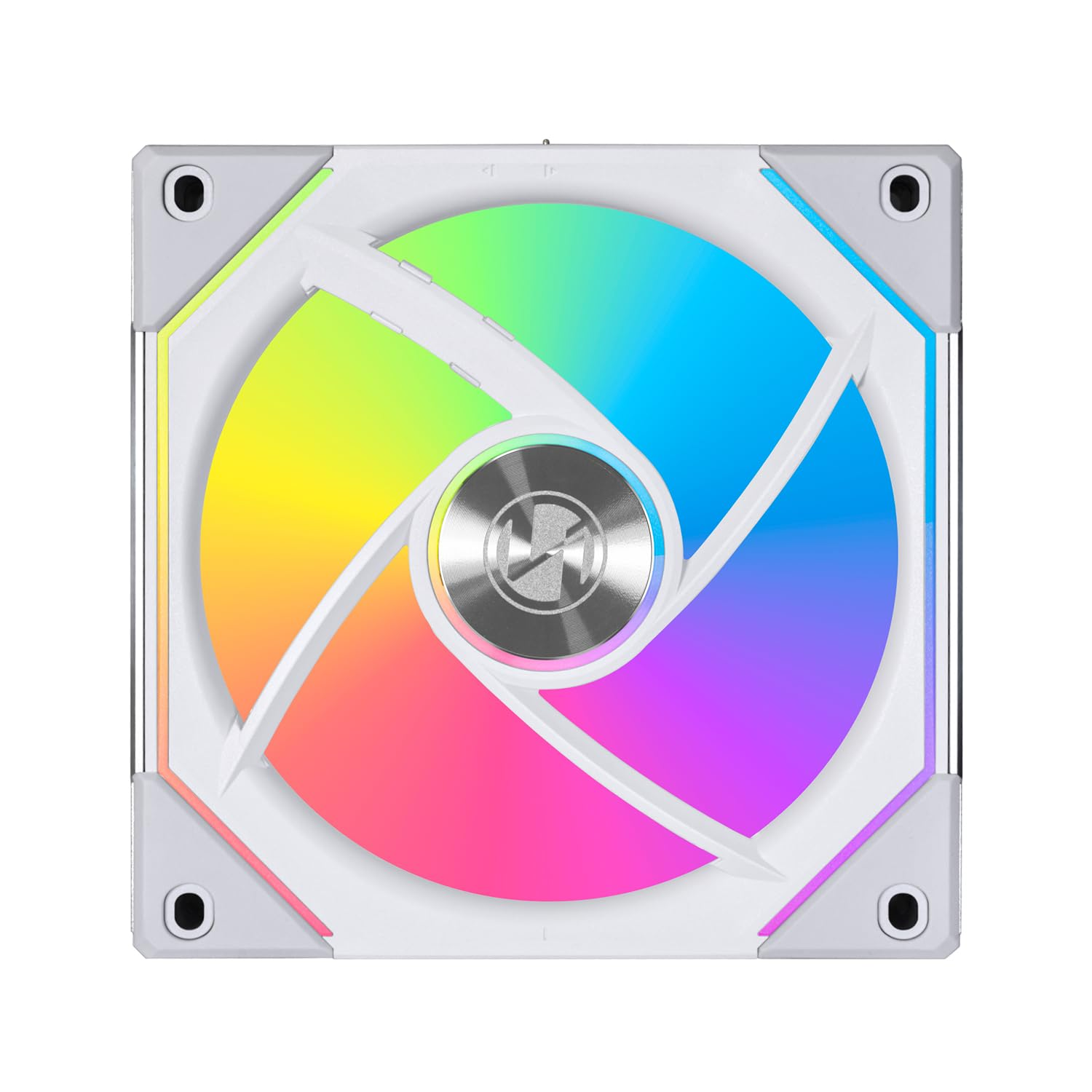 Ein weißer Computerlüfter mit farbenfrohem, segmentiertem Klingendesign. Die Mitte hat ein silbernes Logo und die Ecken sind grau.