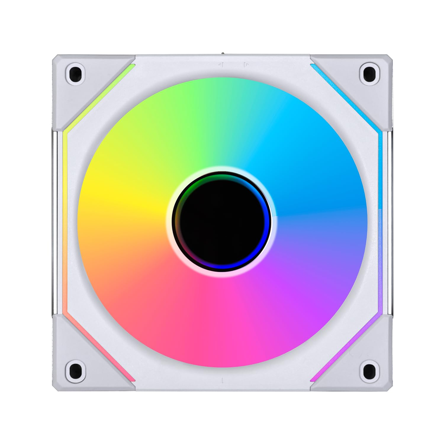 Ein Computerlüfter mit weißem Rahmen und einem kreisförmigen, mehrfarbigen (Regenbogen) Lüfter in der Mitte. Die Mitte ist schwarz.