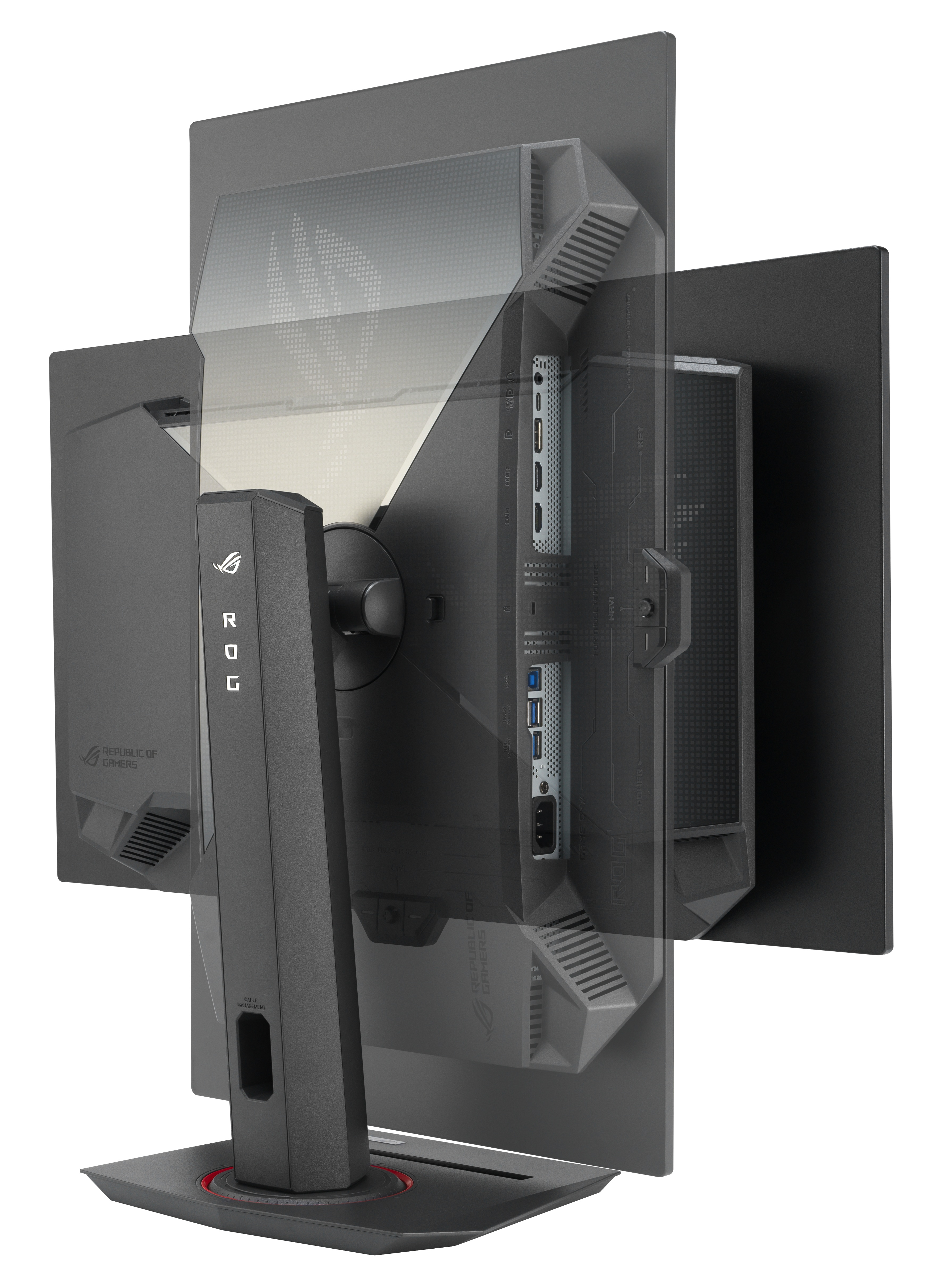 Czarny monitor komputera ze stojakiem. Tył pokazuje porty i logo ROG. Monitor jest ustawiony pod kątem.