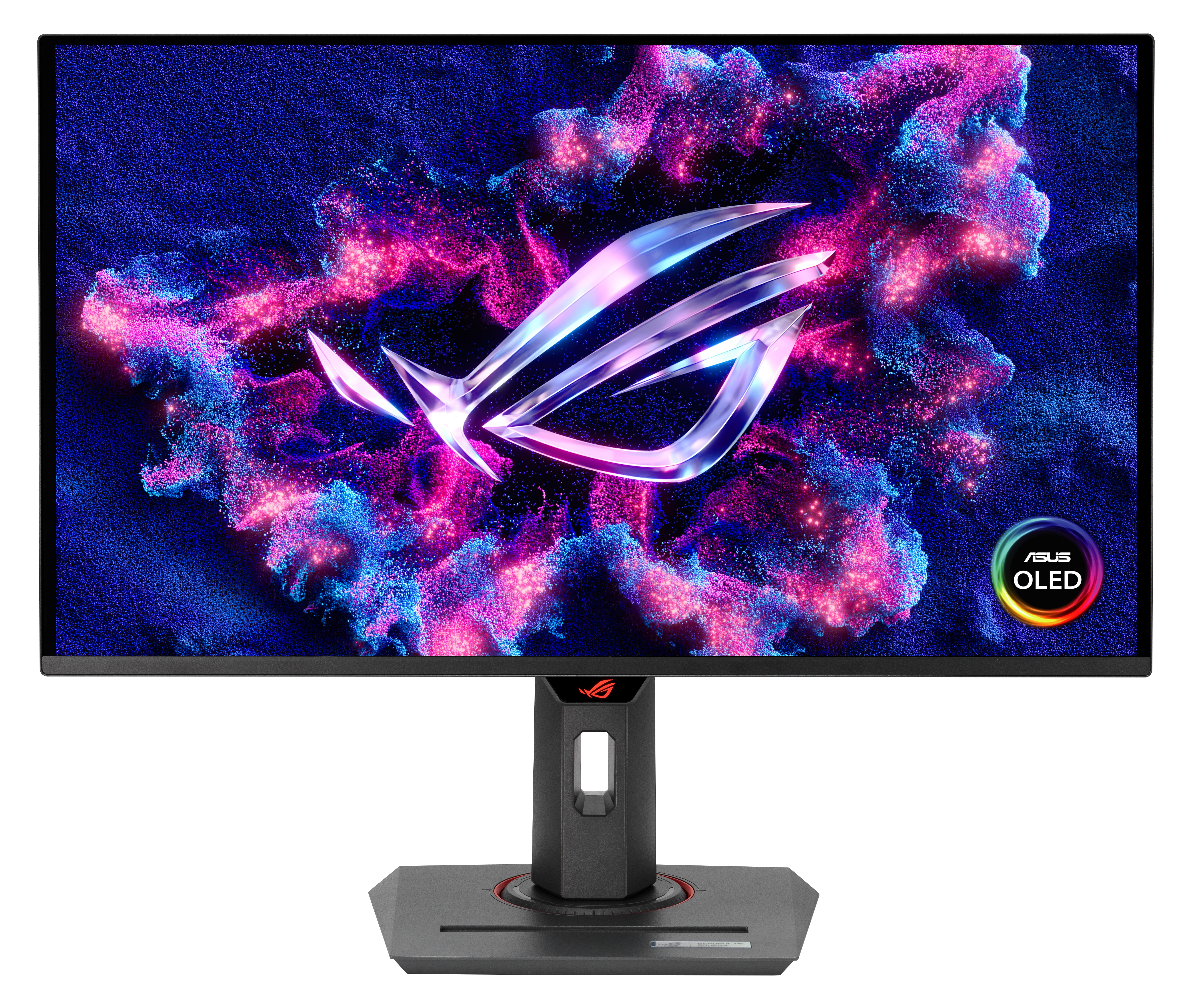 Monitor z logo ROG, OLED i abstrakcyjnym tłem w kolorze niebieskim, różowym i fioletowym. Stojak jest ciemnoszary.