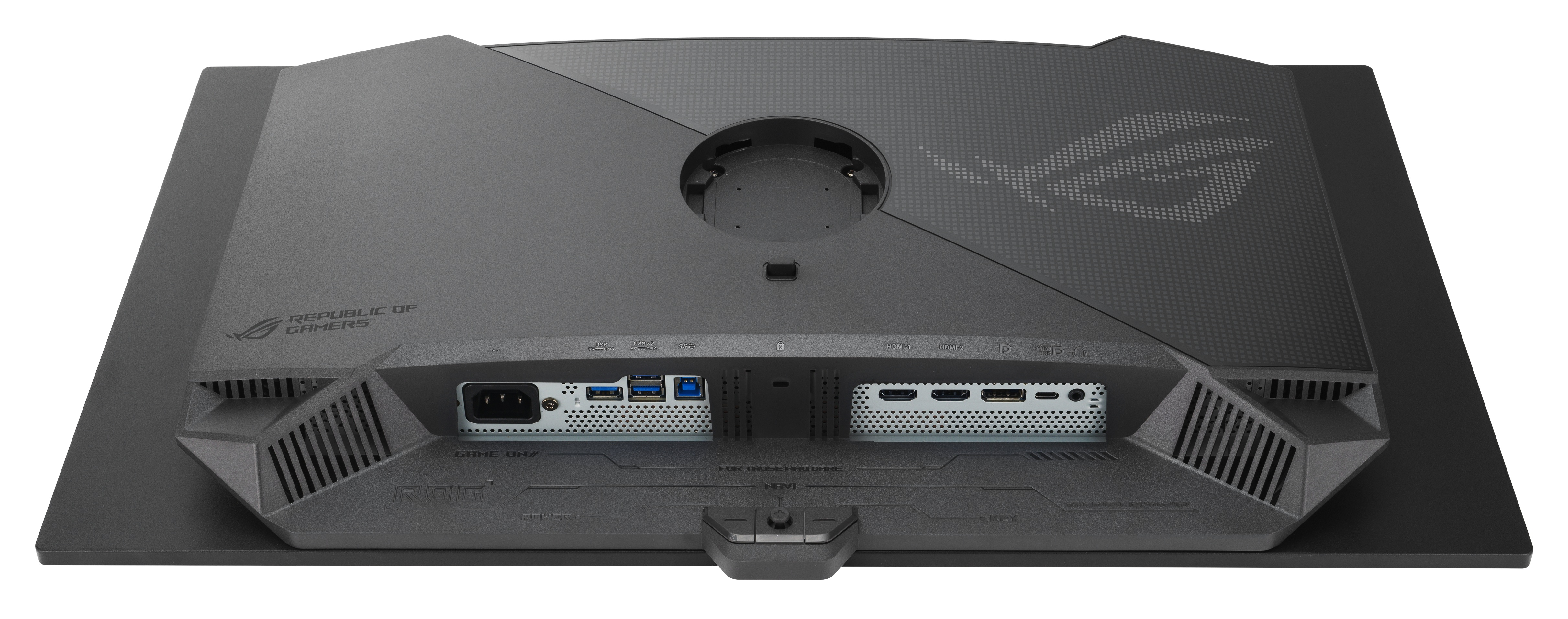 Tył czarnego monitora dla graczy z portami, logo i napisem 'REPUBLIC OF GAMERS'. Umieszczony na czarnej podstawie.