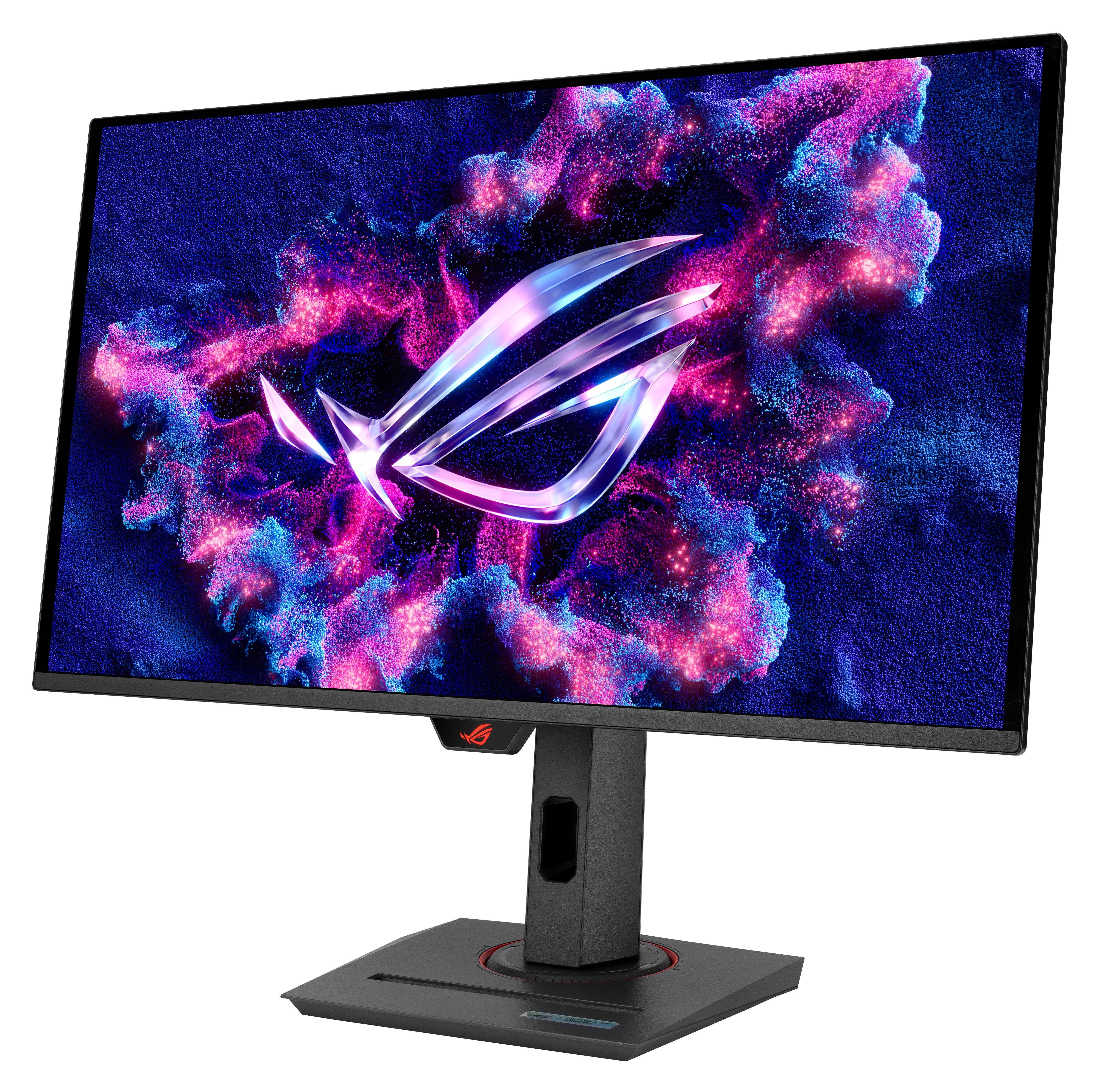 Monitor z logo ROG. Ekran wyświetla abstrakcyjną sztukę w kolorach niebieskim, różowym i fioletowym. Ma czarną podstawę.