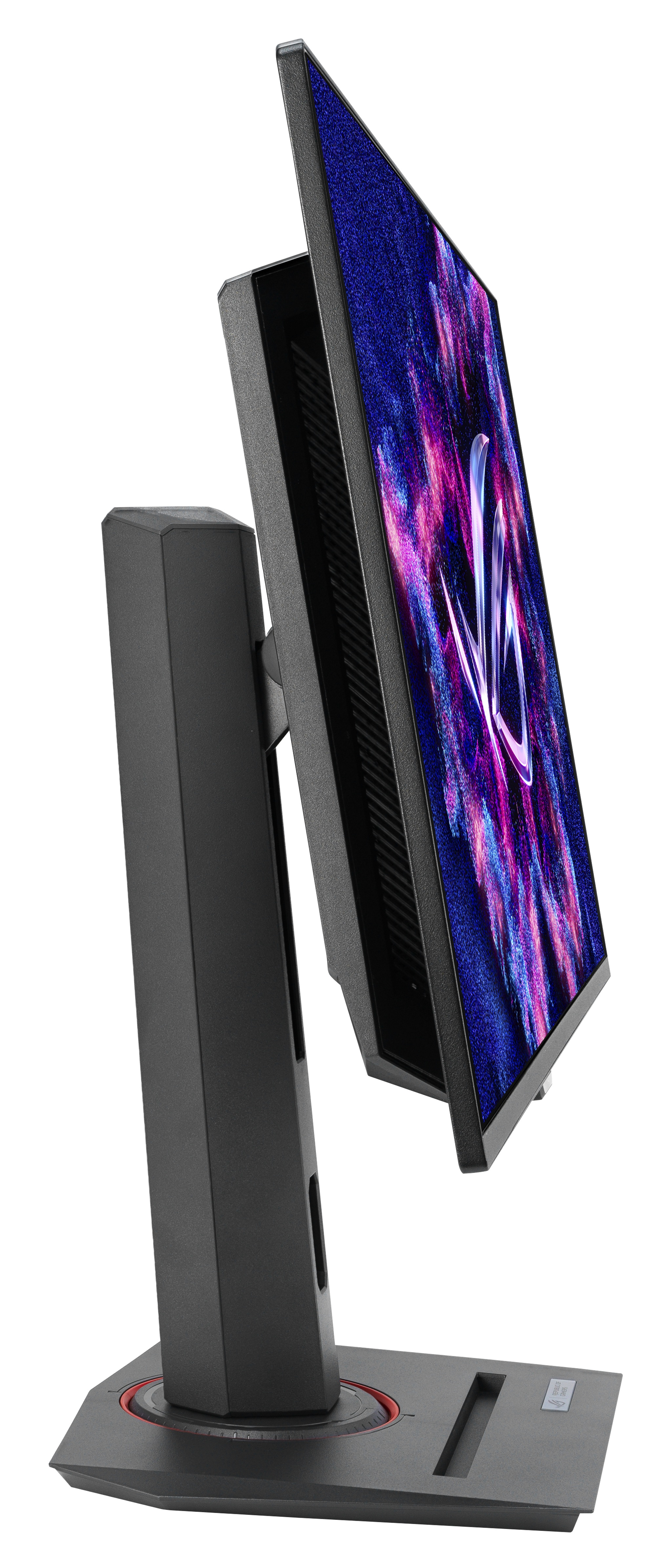 Czarny monitor komputerowy ze stojakiem, pod kątem. Ekran wyświetla kolorowe logo. Stojak jest również czarny z czerwonymi akcentami.