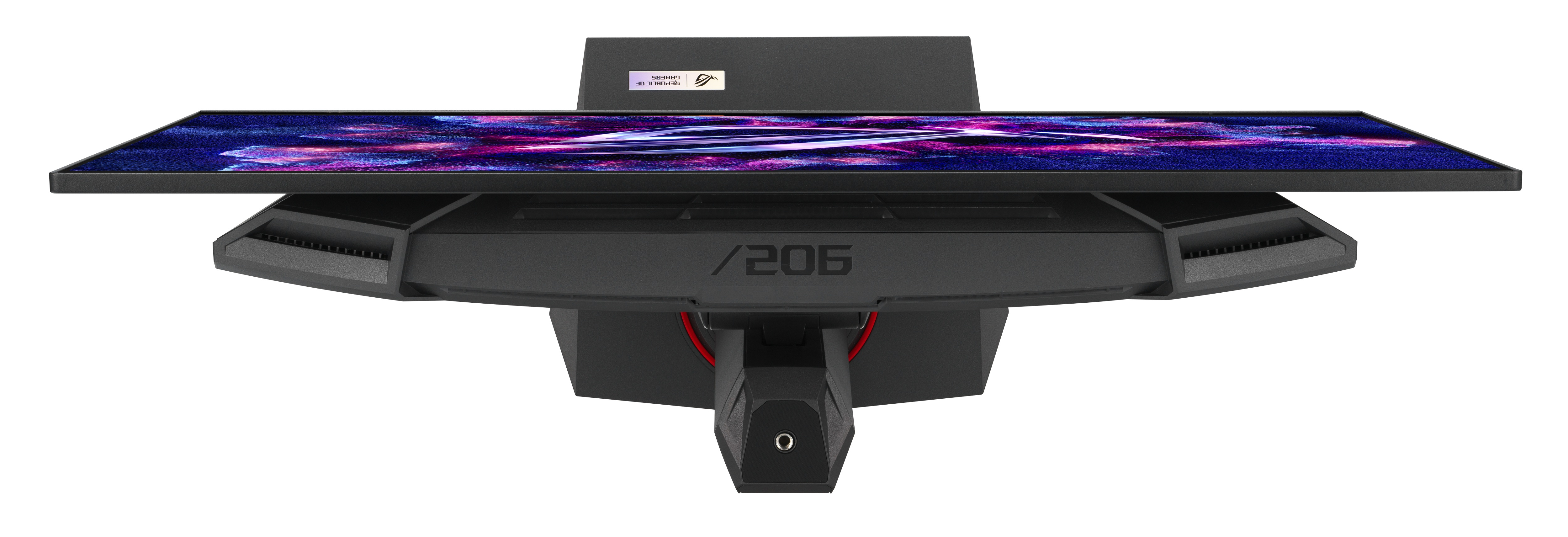 Czarny monitor komputera z kolorowym wyświetlaczem widoczny od dołu. Stojak jest czarny i ma czerwony akcent.