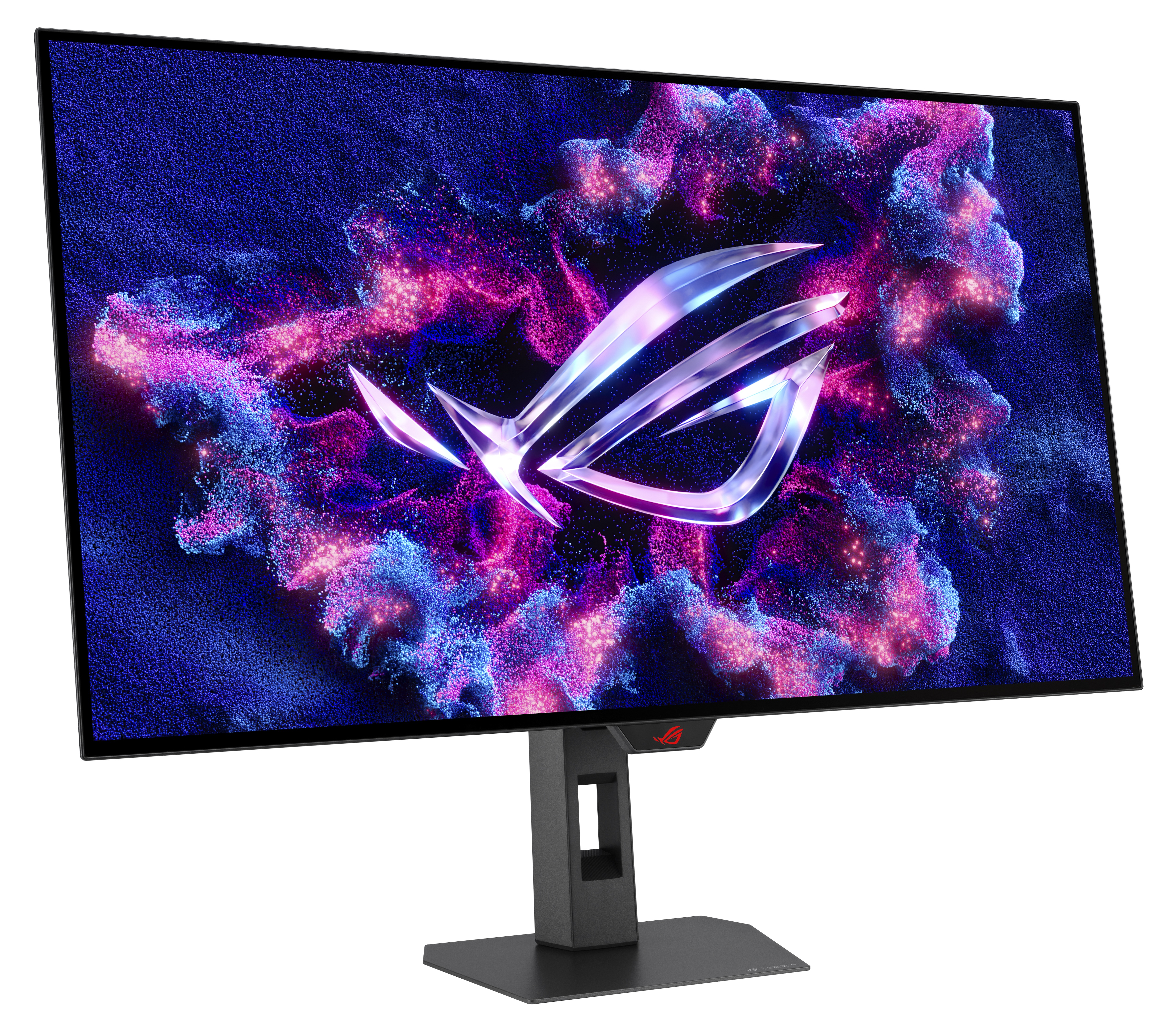 Monitor wyświetla kolorowy, abstrakcyjny obraz z logo ROG. Monitor jest czarny z czarną podstawą.