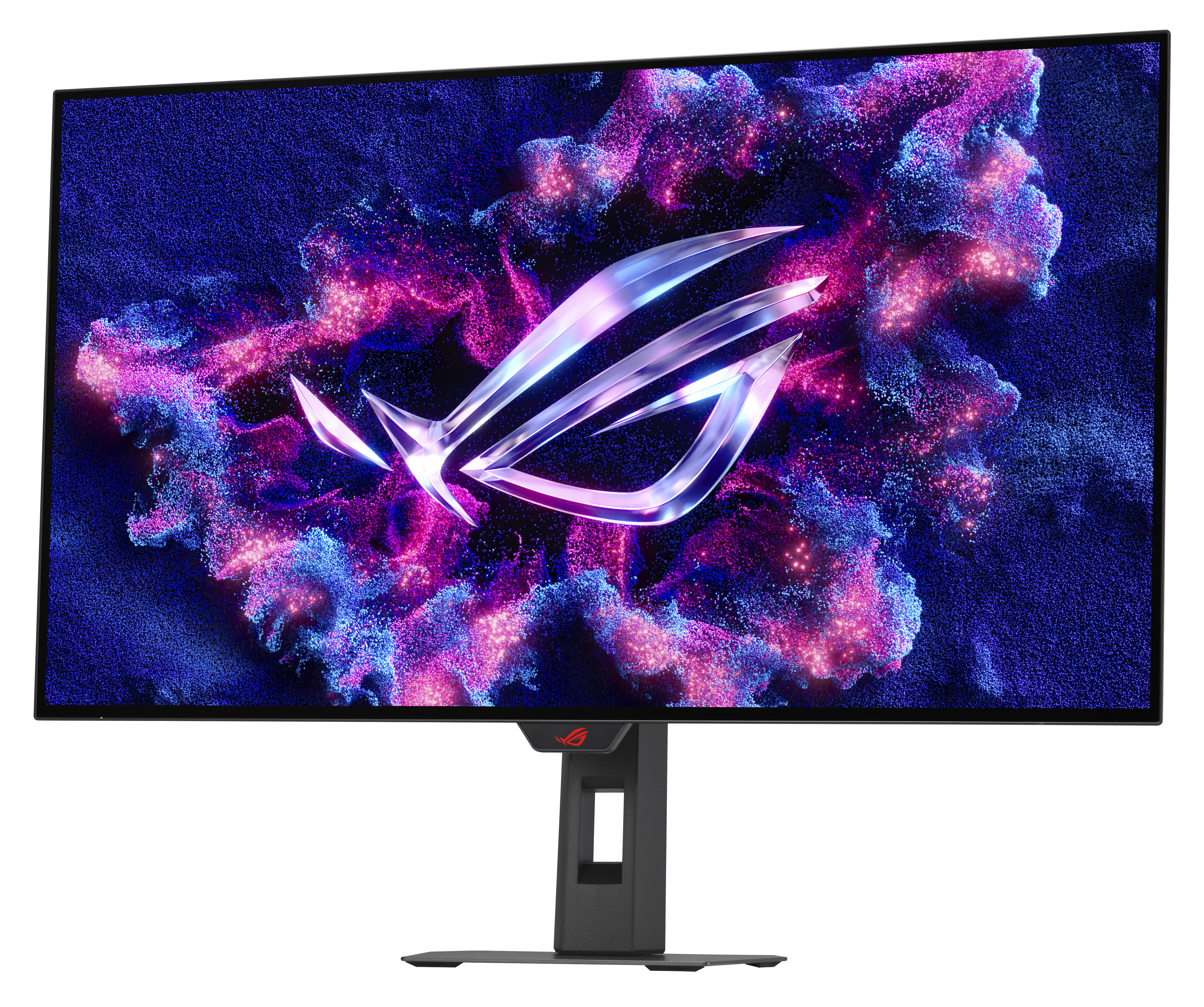 Monitor z logo ROG na ekranie z abstrakcyjnymi niebieskimi i różowymi cząsteczkami. Widoczny czarny stojak i podstawa.