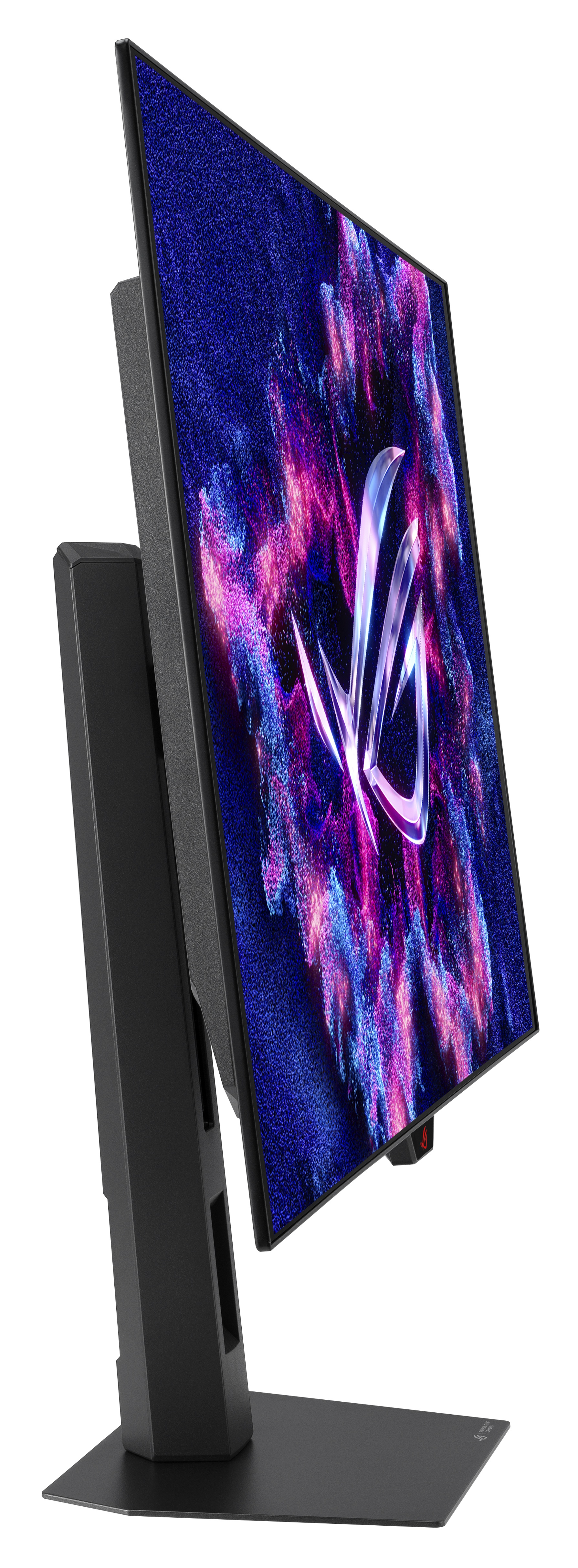 Czarny monitor ROG z zakrzywionym ekranem wyświetla kolorowy obraz. Monitor stoi na czarnym stojaku.