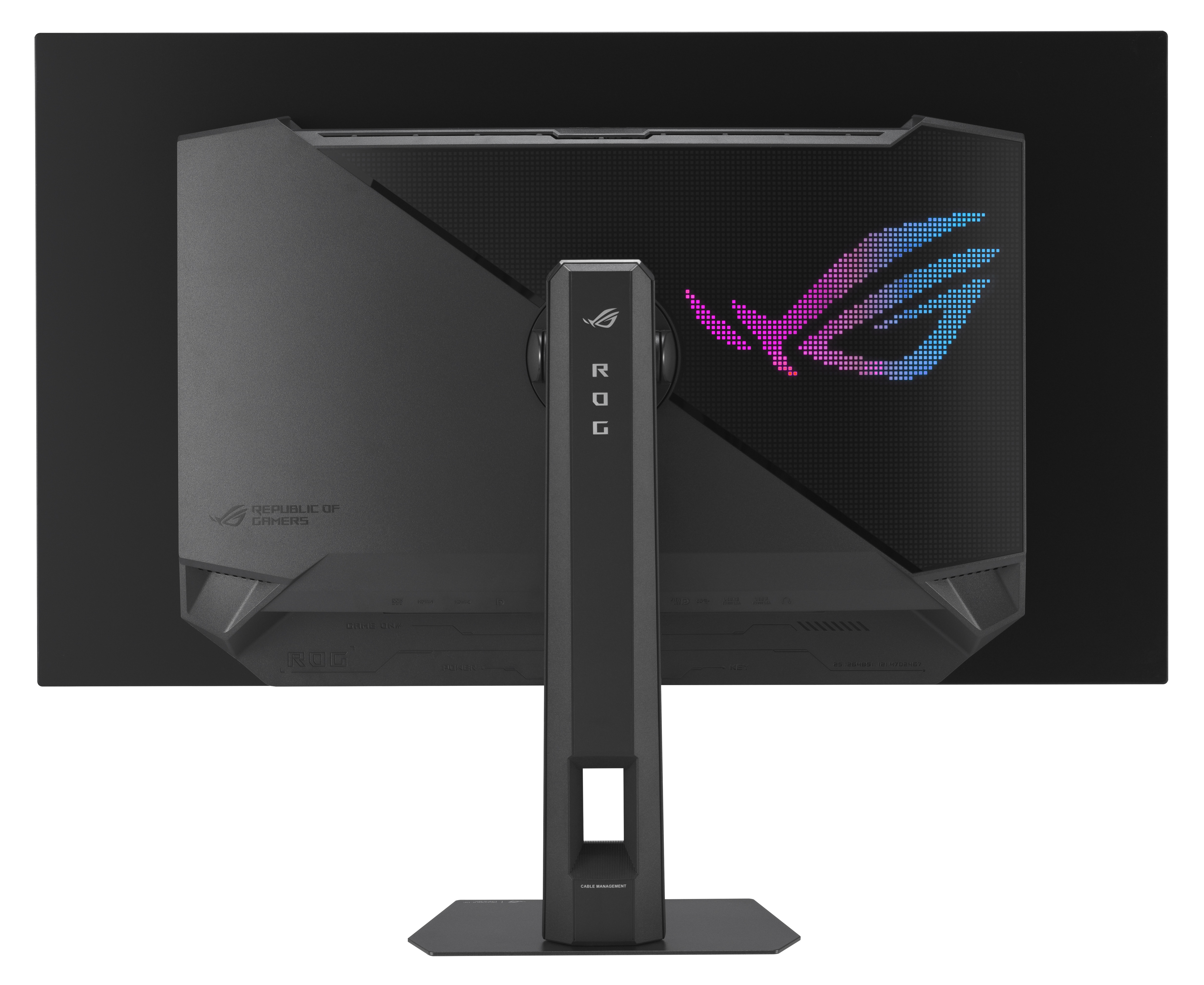 Tył czarnego monitora komputerowego. Posiada logo ROG i stojak do zarządzania kablami.