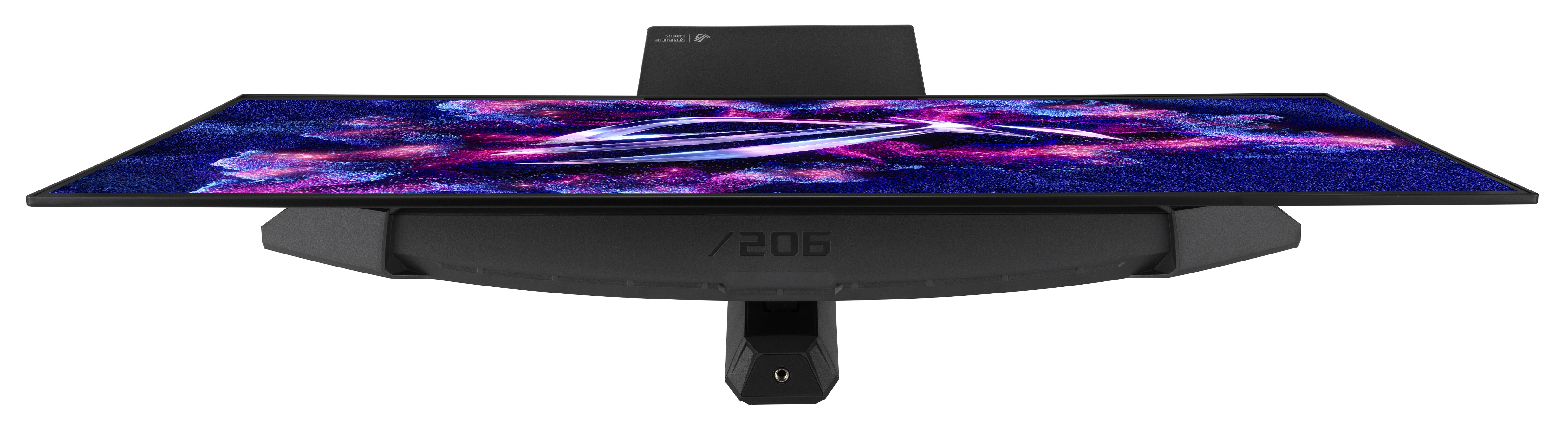 Zakrzywiony monitor. Ekran wyświetla kolorowy abstrakcyjny obraz. Podstawa i tył są czarne.