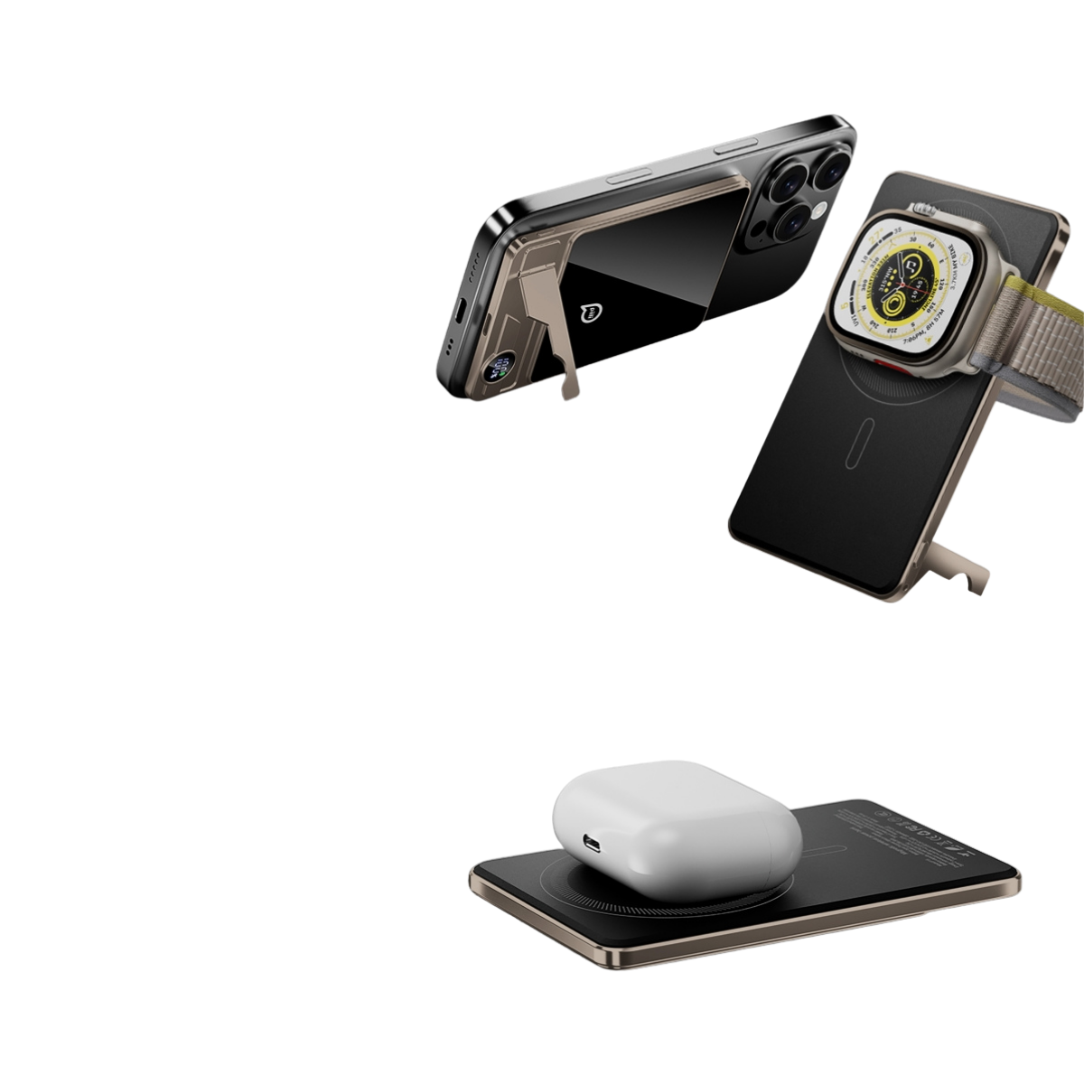 Siyah kılıflı iPhone, Apple Watch ve AirPods, siyah zemin üzerinde şarj pedlerinde.