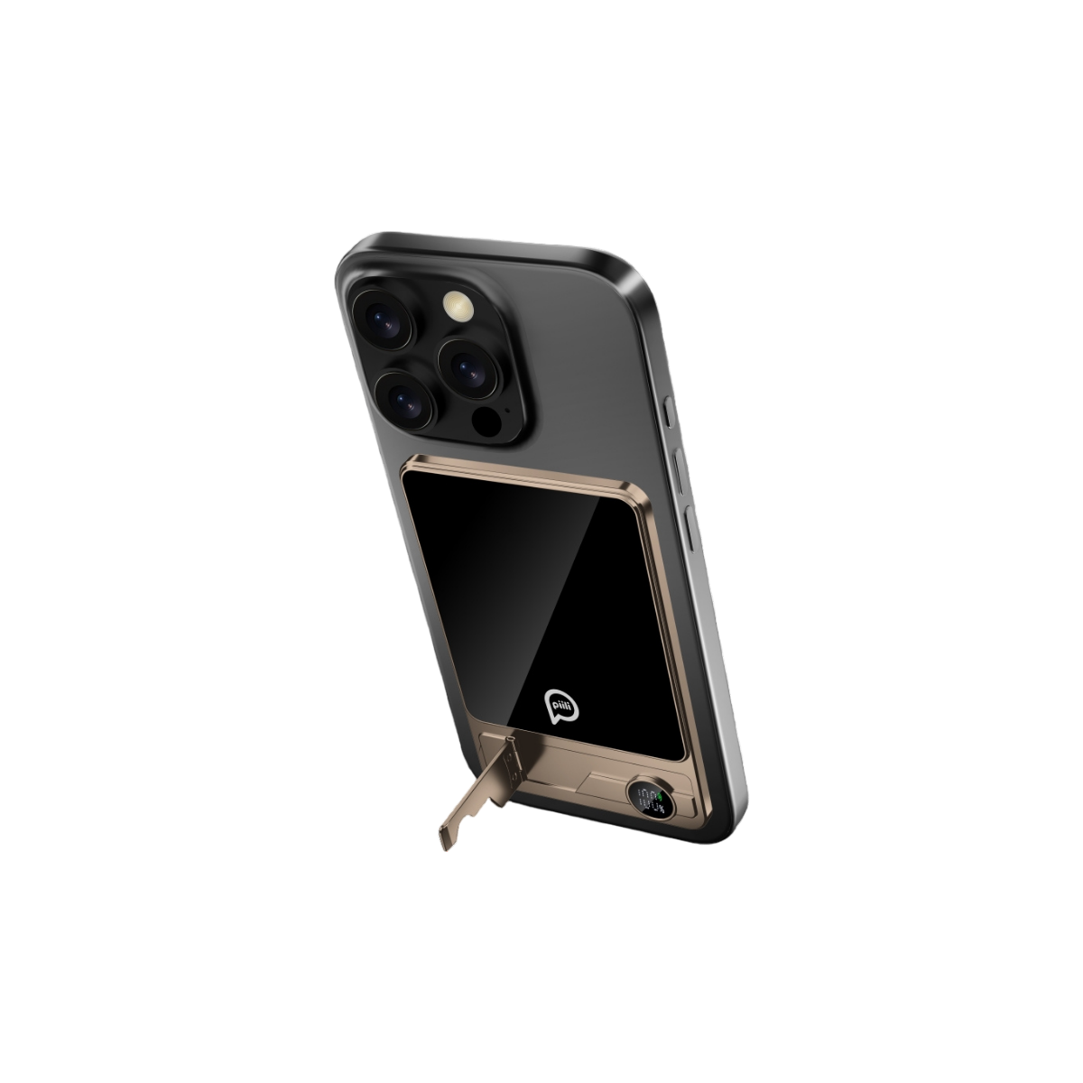 Altın renkli kasası, standı ve çoklu kameraları olan siyah bir iPhone. Arka plan siyah.