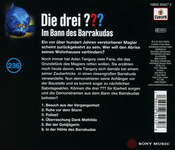 CD-Cover. Titel: Die drei ??? Im Bann des Barrakudas. Blaue Fischgrafik. Text auf Deutsch.