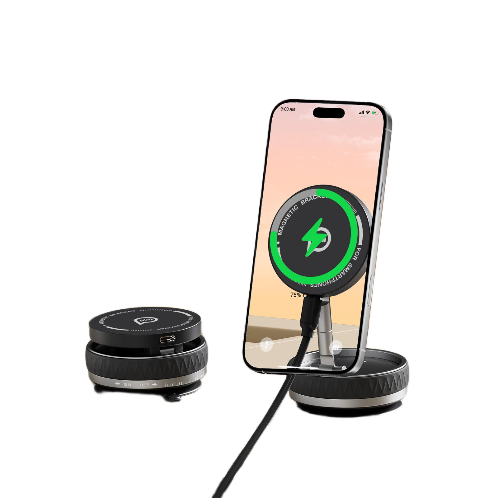 Bir telefon kablosuz şarj cihazında şarj oluyor. Yanında ayrı bir şarj cihazı var. Siyah arka plan.