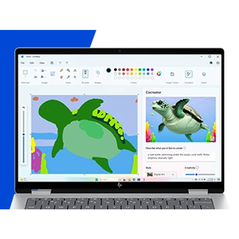 Ekran laptopa wyświetlający Paint. Zielony rysunek żółwia i realistyczny żółw. Laptop ma klawiaturę i niebieskie tło.