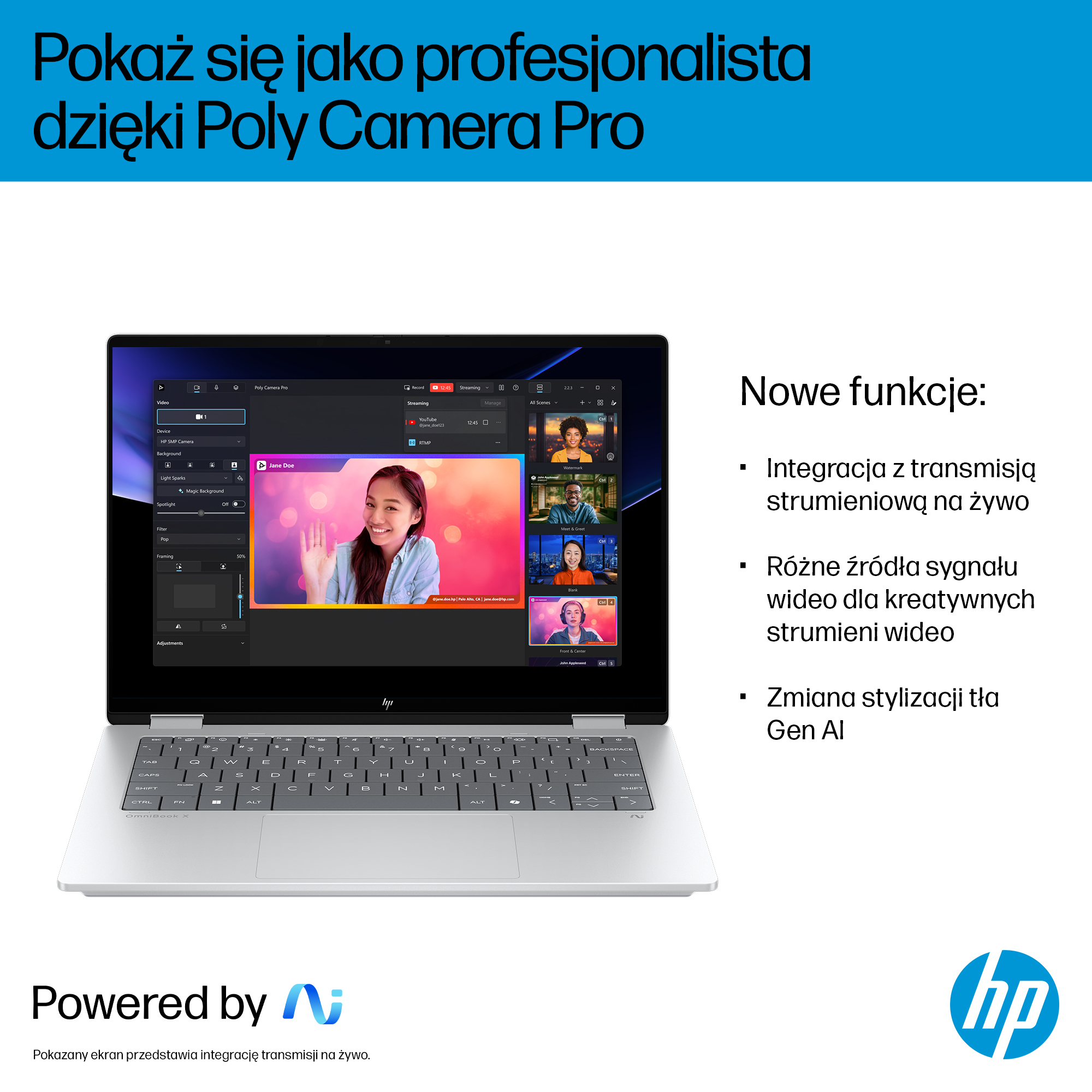 Ekran laptopa pokazujący funkcje wideokonferencji. Kobieta na ekranie, z tekstem i logo HP.