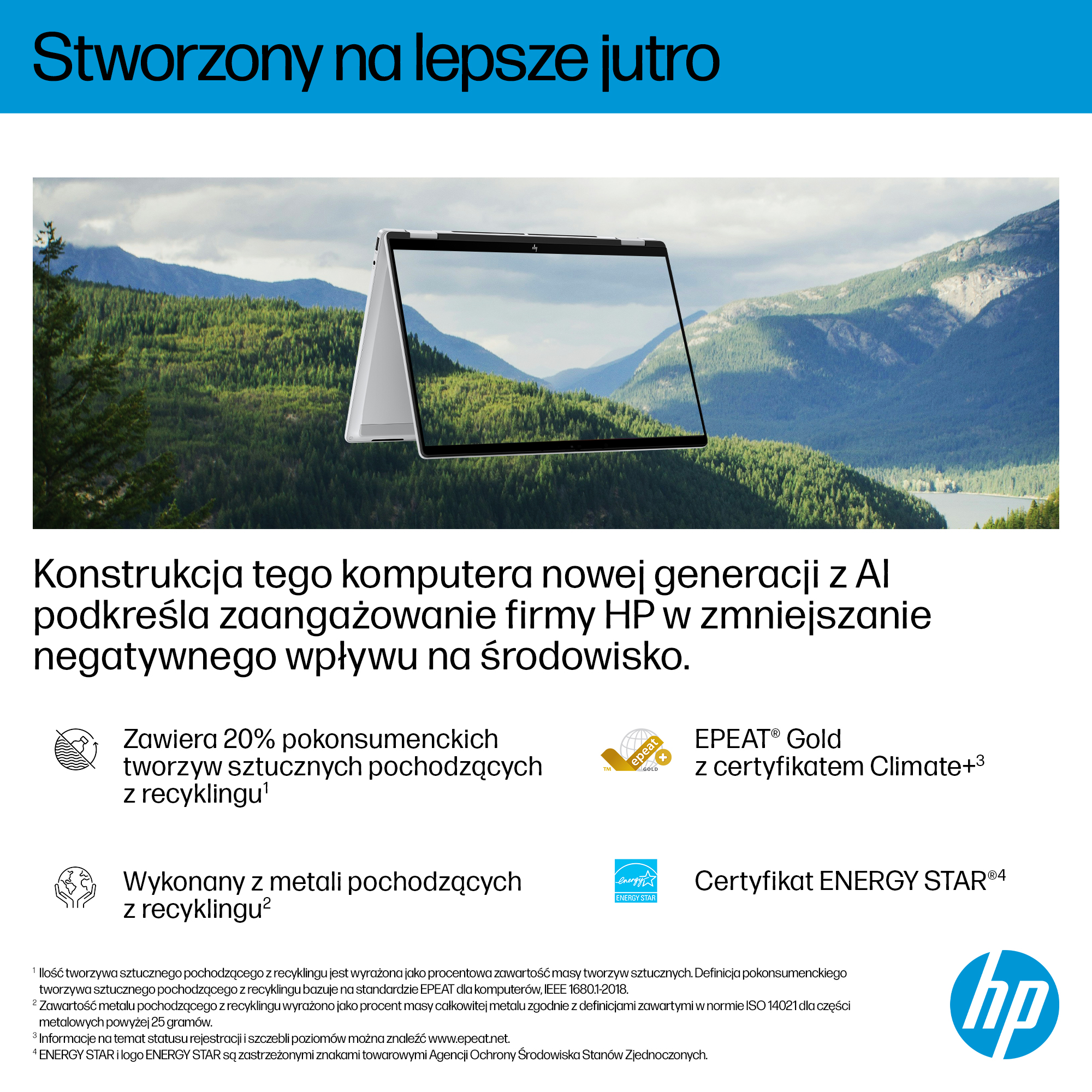 Srebrny laptop wyświetla górski krajobraz. Tekst podkreśla zaangażowanie HP w redukcję wpływu na środowisko.