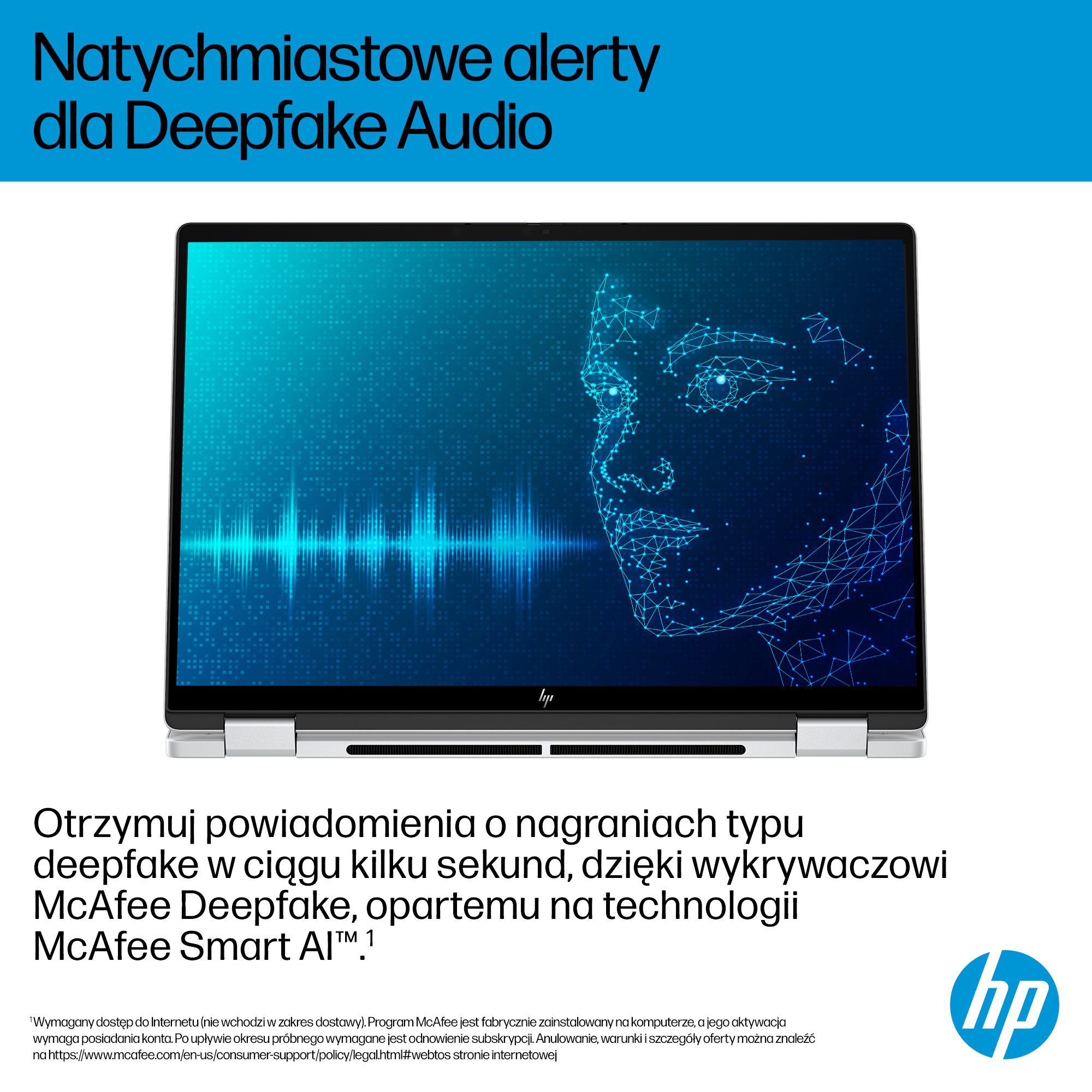 Ekran laptopa wyświetla niebieską cyfrową twarz. U góry tekst: 'Natychmiastowe alerty dla Deepfake Audio'.